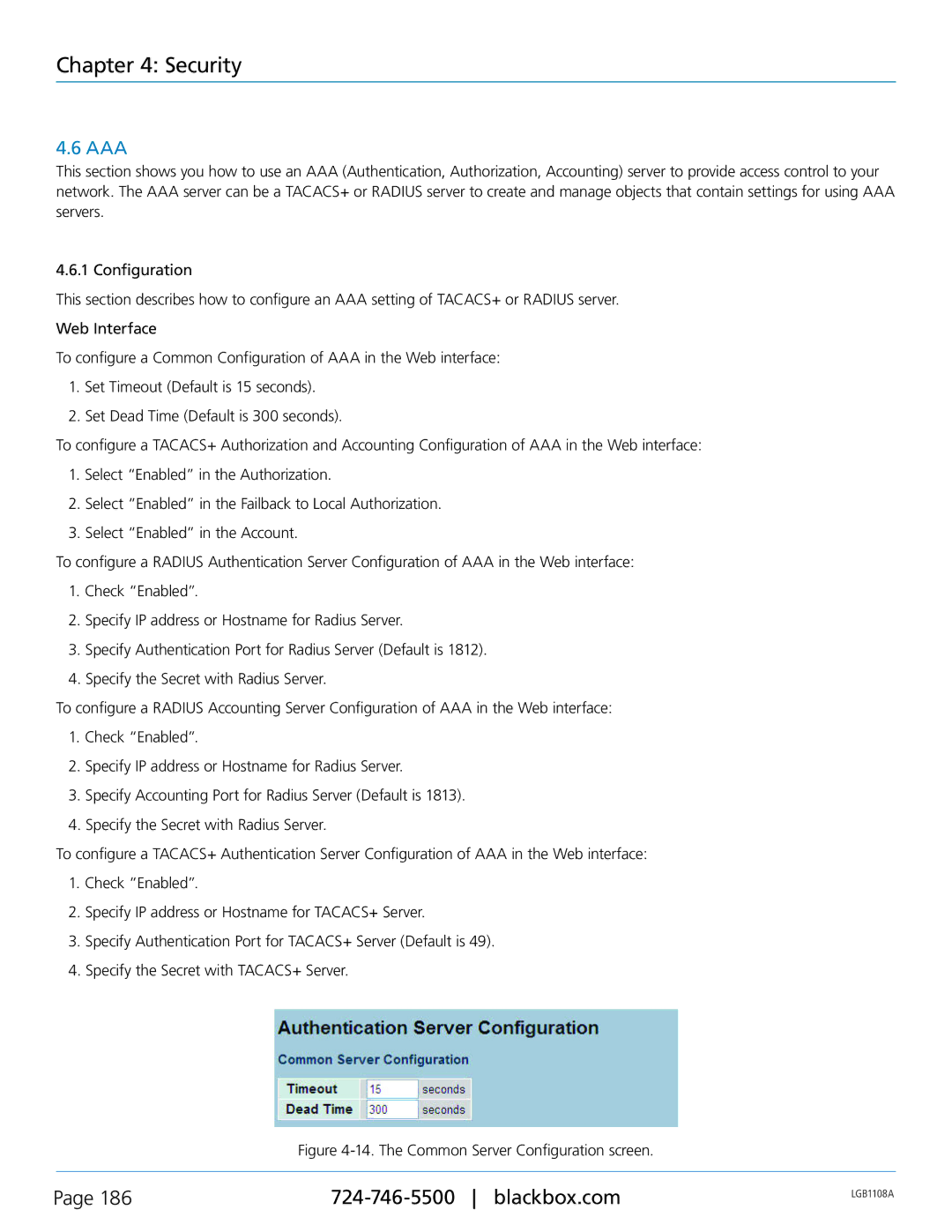 Black Box Managed Gigabit Switch, LGB1126A, LGB1148A, LGB1108A manual Aaa, The Common Server Configuration screen 