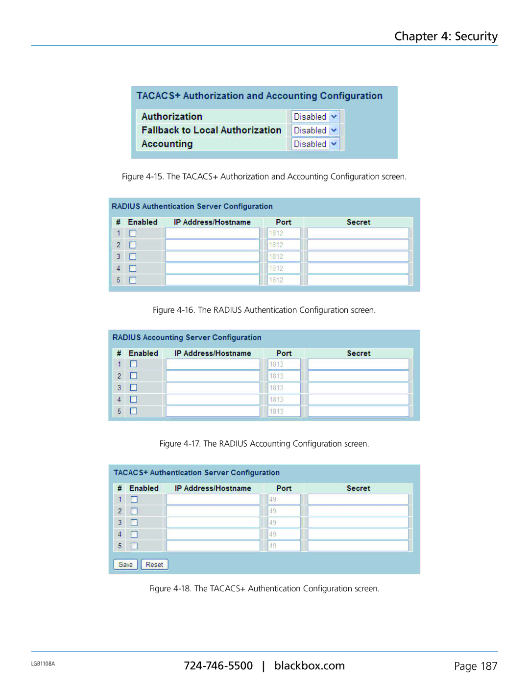 Black Box LGB1108A, LGB1126A, LGB1148A, Managed Gigabit Switch manual The Radius Authentication Configuration screen 