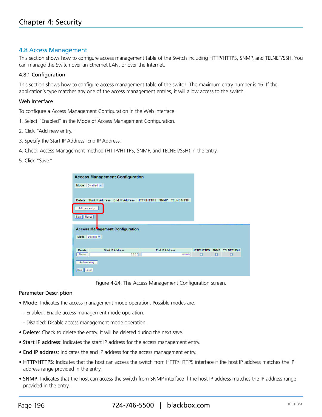 Black Box LGB1126A, LGB1148A, Managed Gigabit Switch, LGB1108A manual Access Management 