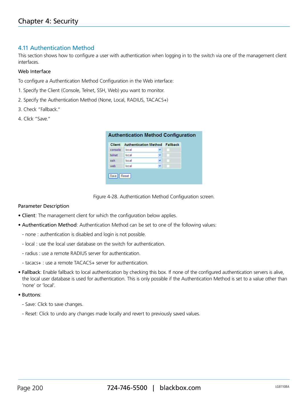 Black Box LGB1126A, LGB1148A, Managed Gigabit Switch, LGB1108A manual Authentication Method 