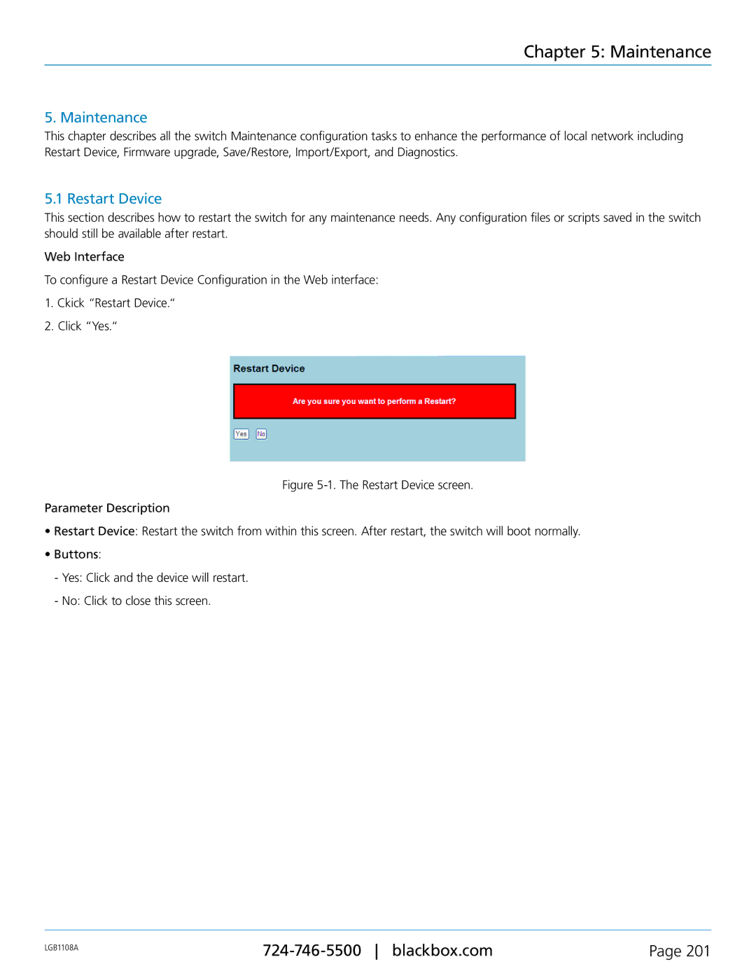 Black Box LGB1148A, LGB1126A, Managed Gigabit Switch, LGB1108A manual Maintenance, Restart Device 