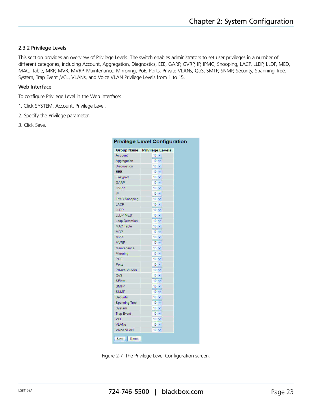 Black Box LGB1108A, LGB1126A, LGB1148A, Managed Gigabit Switch manual Privilege Level Configuration screen 