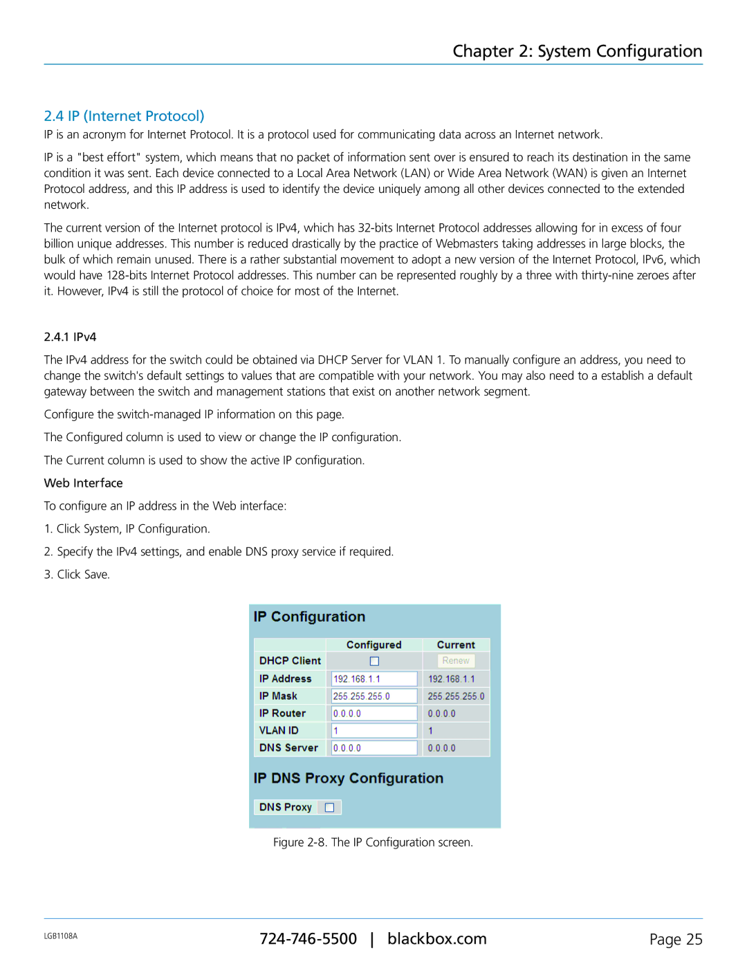 Black Box LGB1148A, LGB1126A, Managed Gigabit Switch, LGB1108A manual IP Internet Protocol, IP Configuration screen 