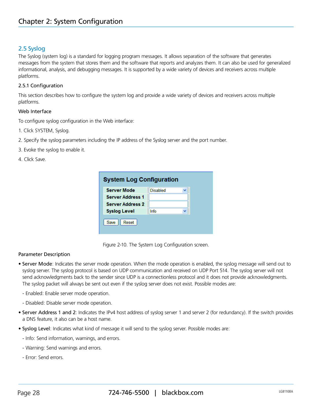 Black Box LGB1126A, LGB1148A, Managed Gigabit Switch, LGB1108A manual Syslog 