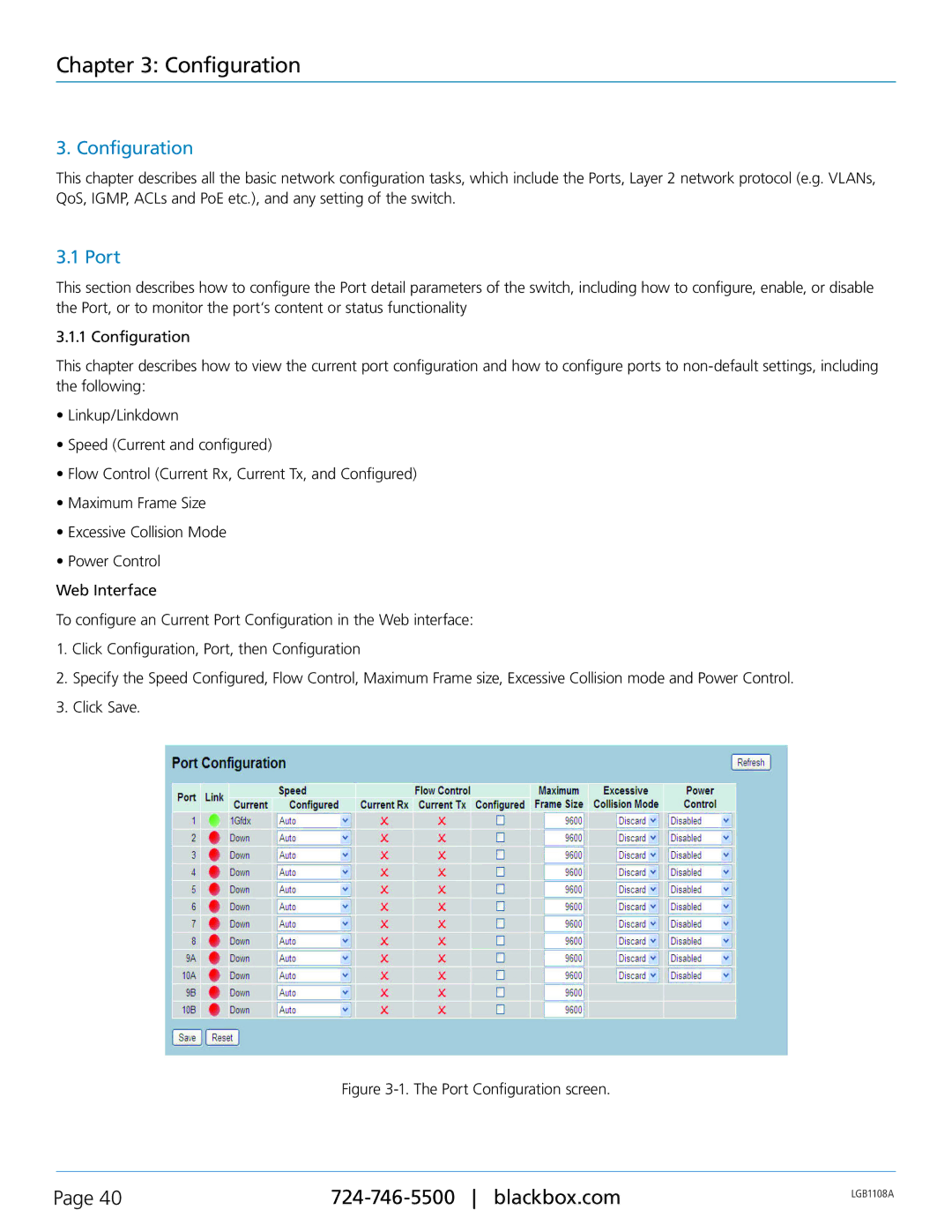 Black Box LGB1126A, LGB1148A, Managed Gigabit Switch, LGB1108A manual Configuration, Port 