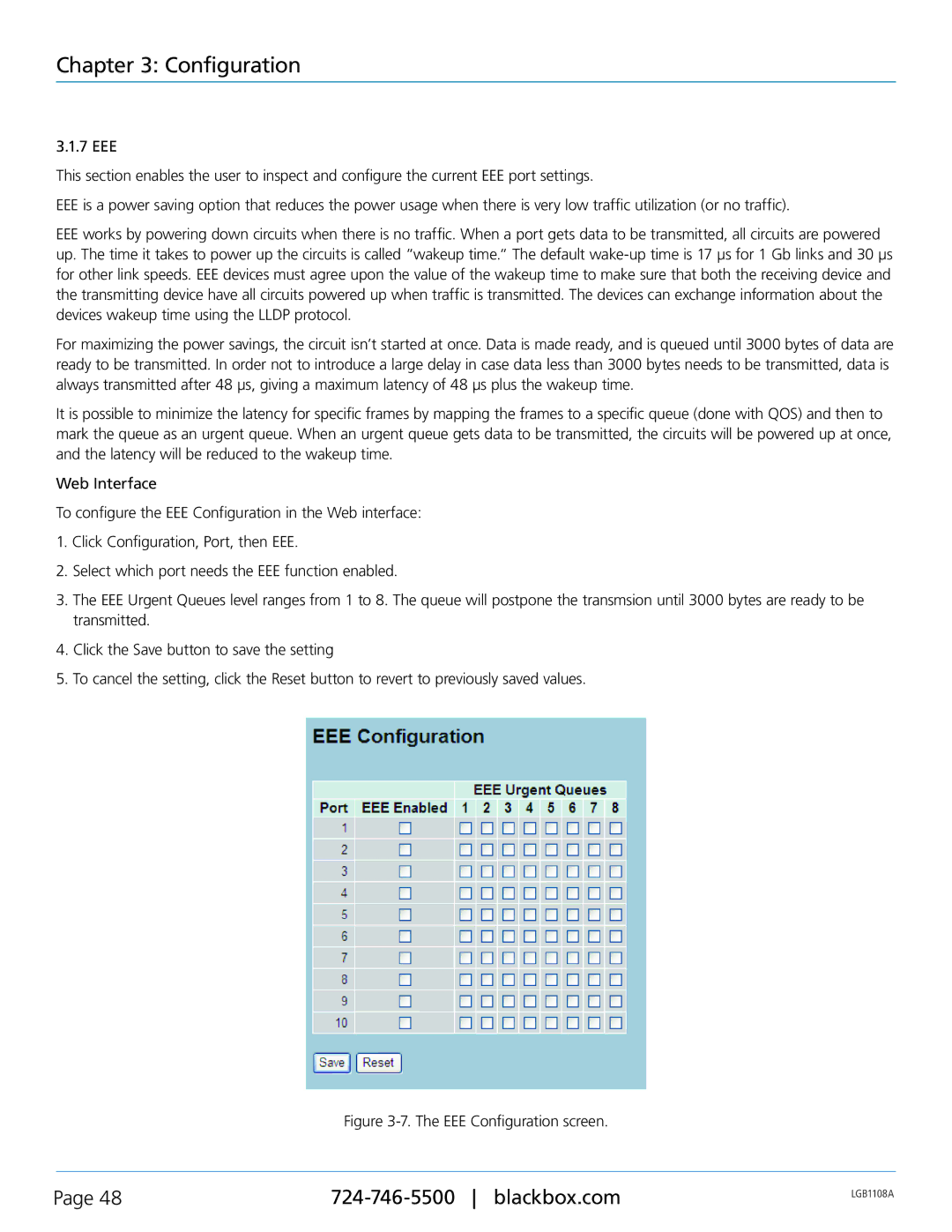 Black Box LGB1126A, LGB1148A, Managed Gigabit Switch, LGB1108A manual EEE Configuration screen 