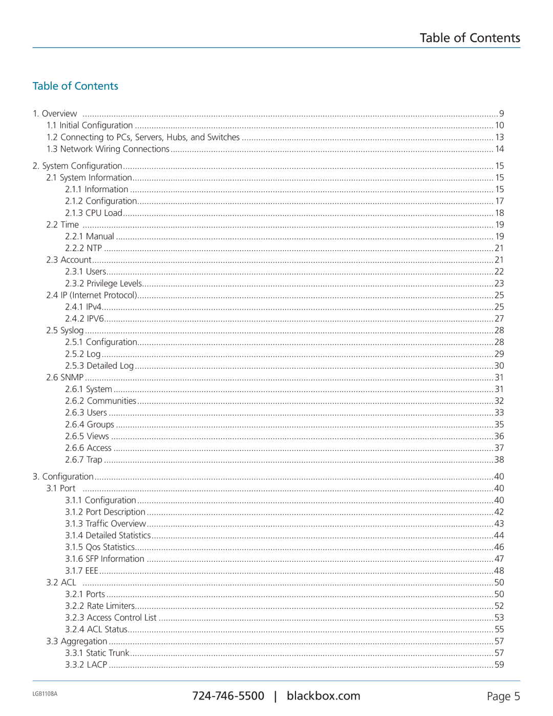 Black Box LGB1148A, LGB1126A, Managed Gigabit Switch, LGB1108A manual Table of Contents 