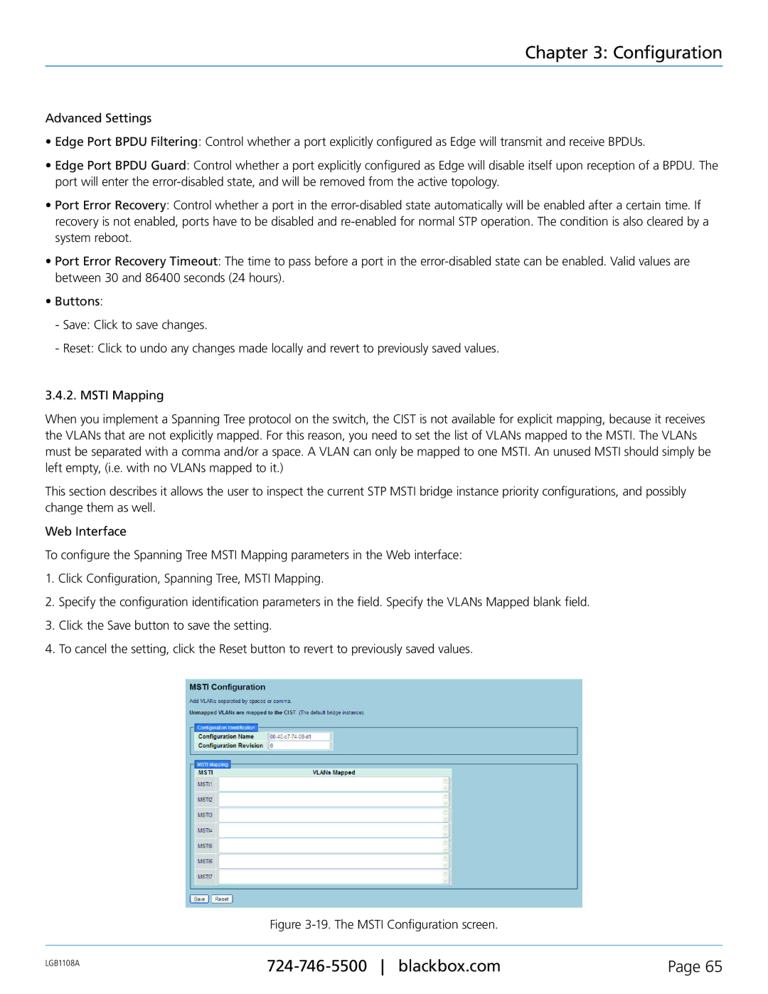 Black Box LGB1148A, LGB1126A, Managed Gigabit Switch, LGB1108A manual The Msti Configuration screen 