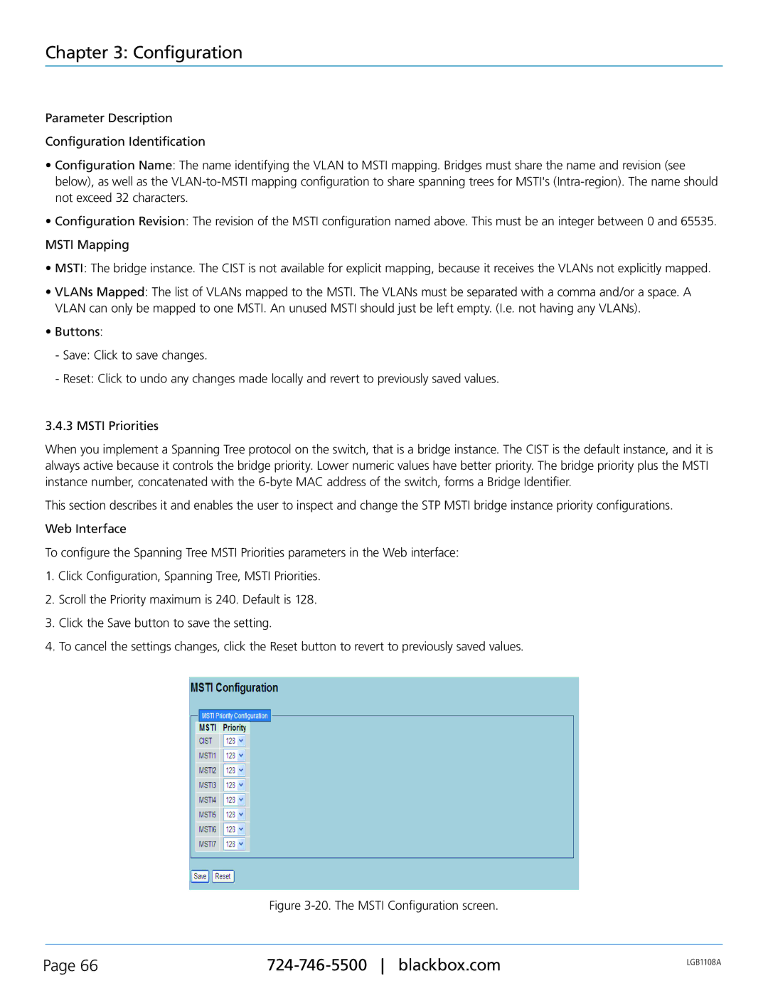 Black Box Managed Gigabit Switch, LGB1126A, LGB1148A, LGB1108A manual The Msti Configuration screen 