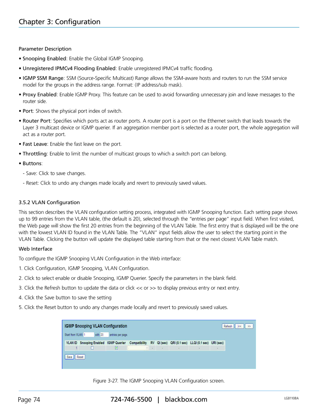 Black Box Managed Gigabit Switch, LGB1126A, LGB1148A, LGB1108A manual The Igmp Snooping Vlan Configuration screen 