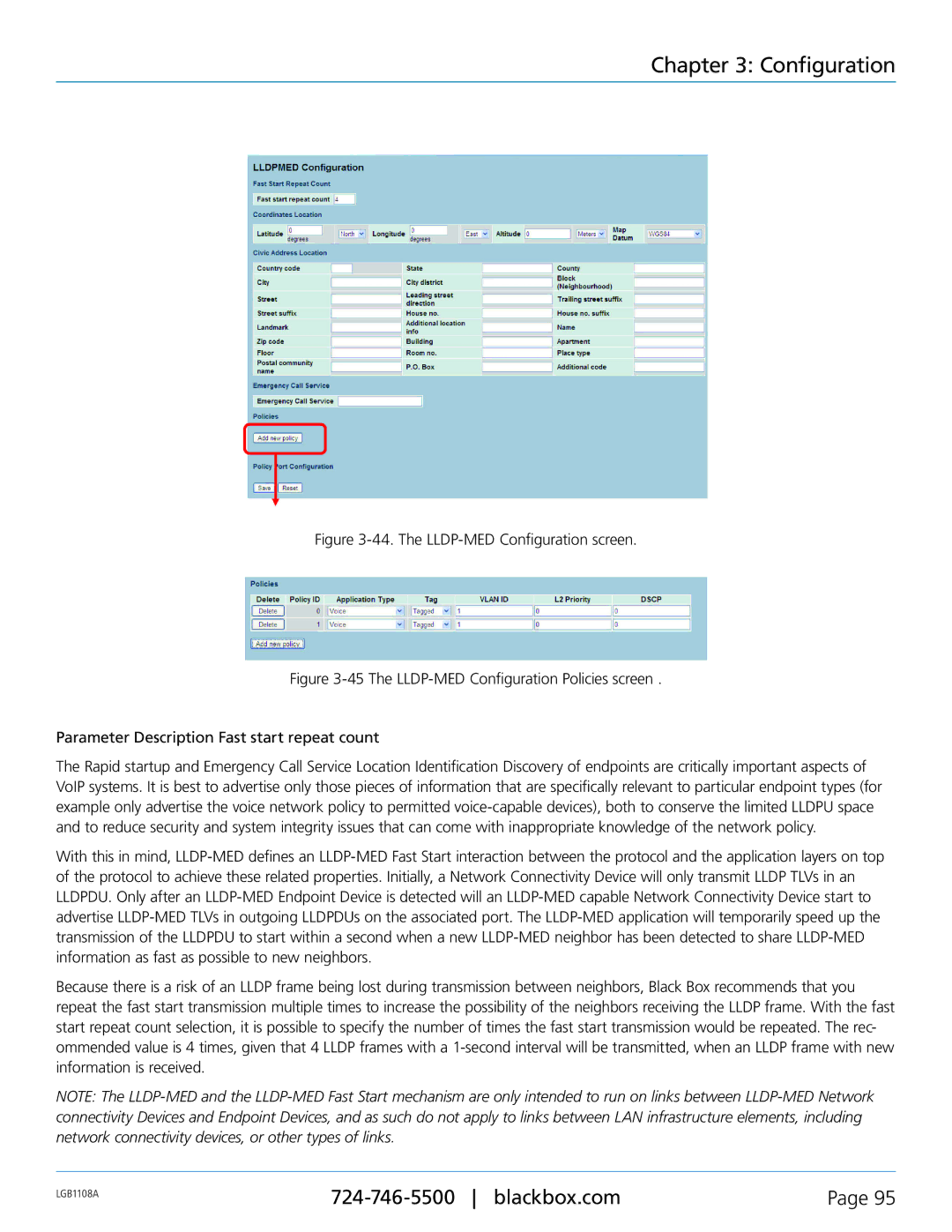 Black Box LGB1108A, LGB1126A, LGB1148A, Managed Gigabit Switch manual The LLDP-MED Configuration screen 