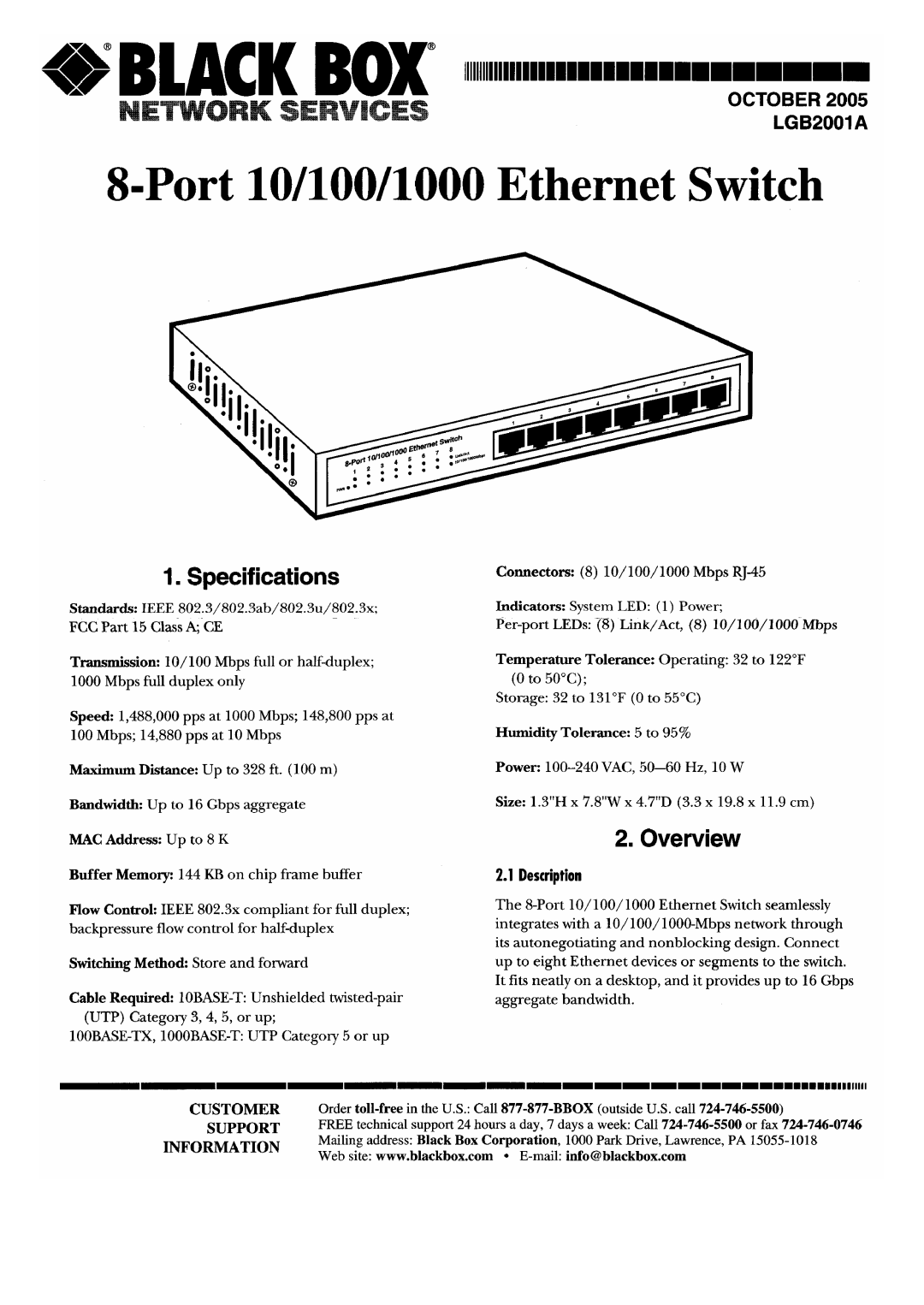 Black Box 8-port 10/100/1000 ethernet switch, lgb2001a manual 