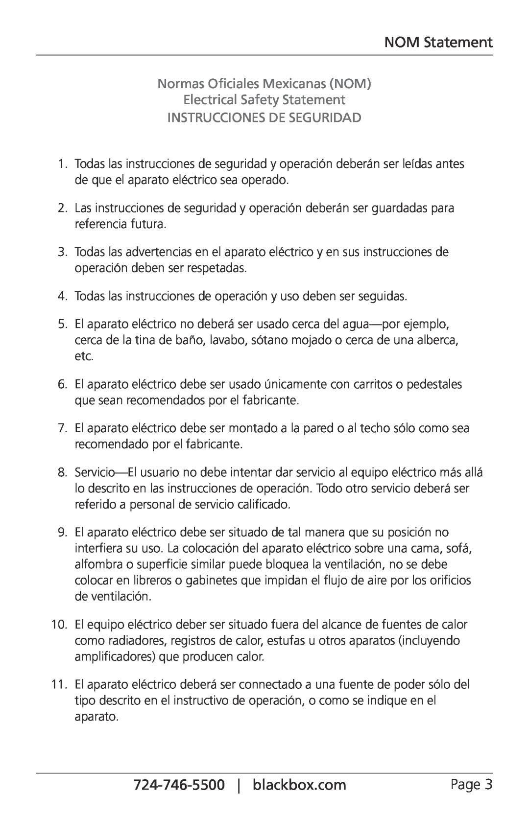 Black Box LGB416A NOM Statement, Normas Oficiales Mexicanas NOM, Electrical Safety Statement, Instrucciones De Seguridad 