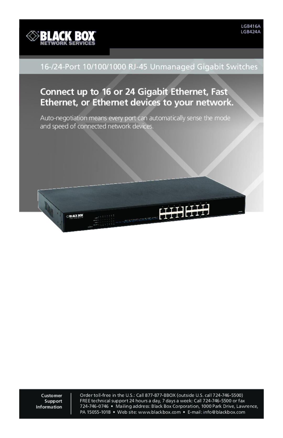 Black Box LGB424A, LGB416A manual 16-/24-Port 10/100/1000 RJ-45 Unmanaged Gigabit Switches 