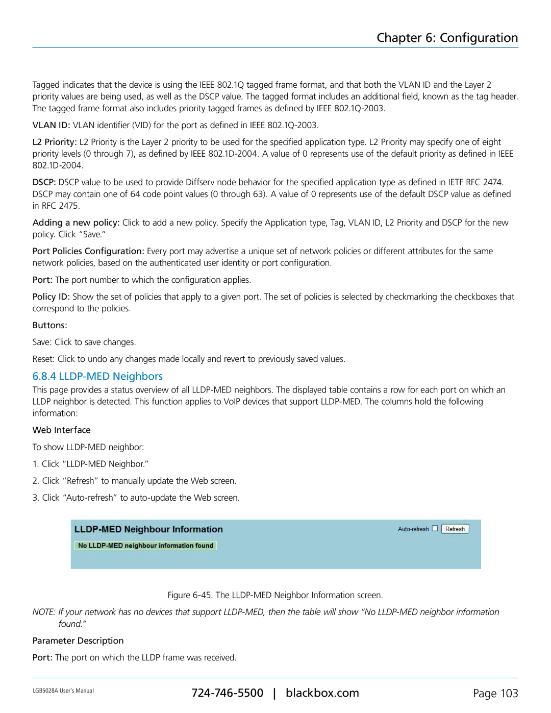 Black Box LGB5028A, LGB5052A, 24 + or 48 + 4-Port Gigabit Managed Switch with SFP+ 10G user manual LLDP-MED Neighbors 