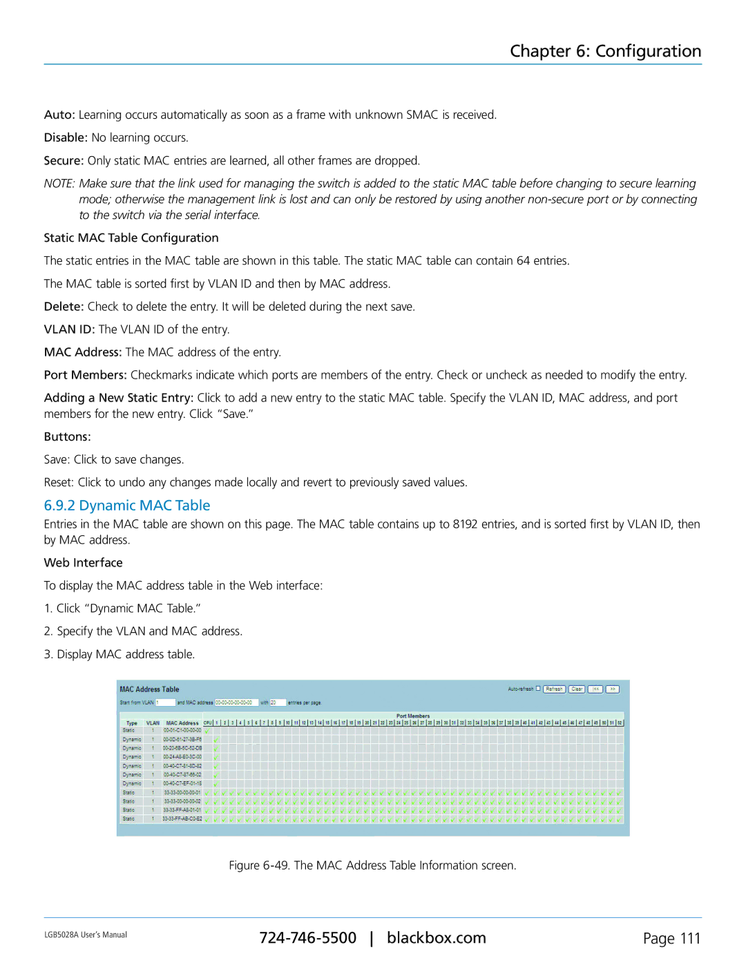 Black Box LGB5052A, LGB5028A user manual Dynamic MAC Table, The MAC Address Table Information screen 