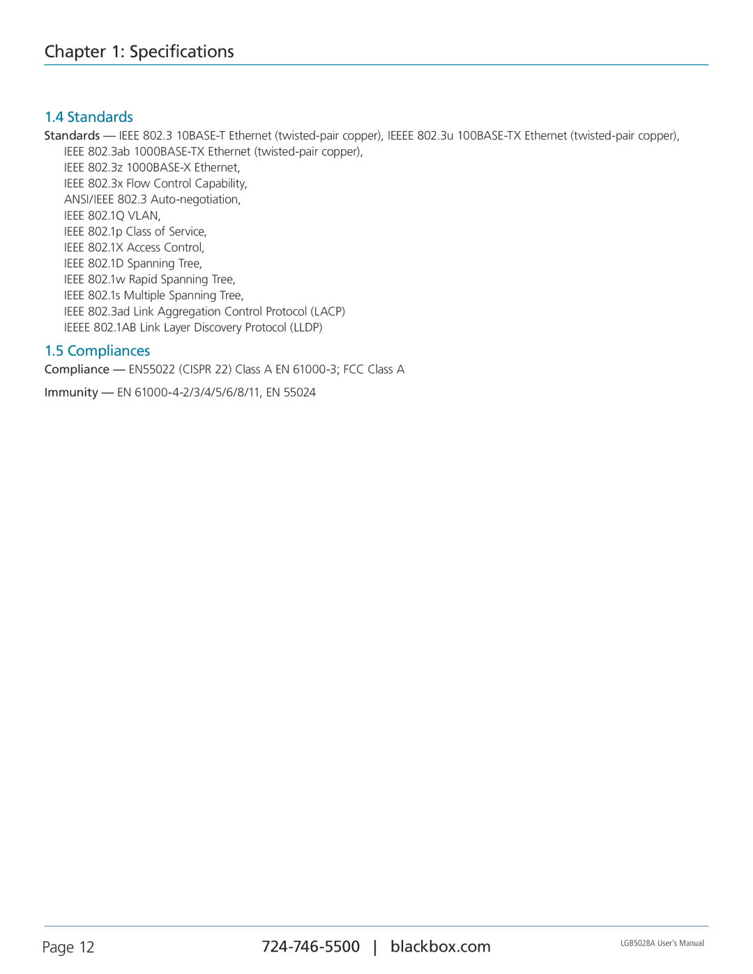 Black Box LGB5052A, LGB5028A, 24 + or 48 + 4-Port Gigabit Managed Switch with SFP+ 10G user manual Standards, Compliances 