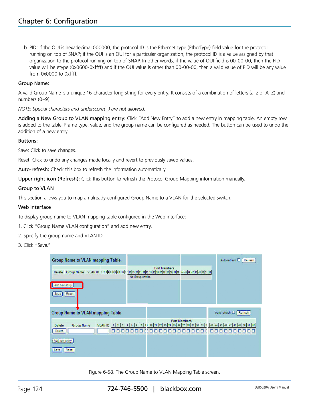 Black Box LGB5028A, LGB5052A user manual The Group Name to Vlan Mapping Table screen 