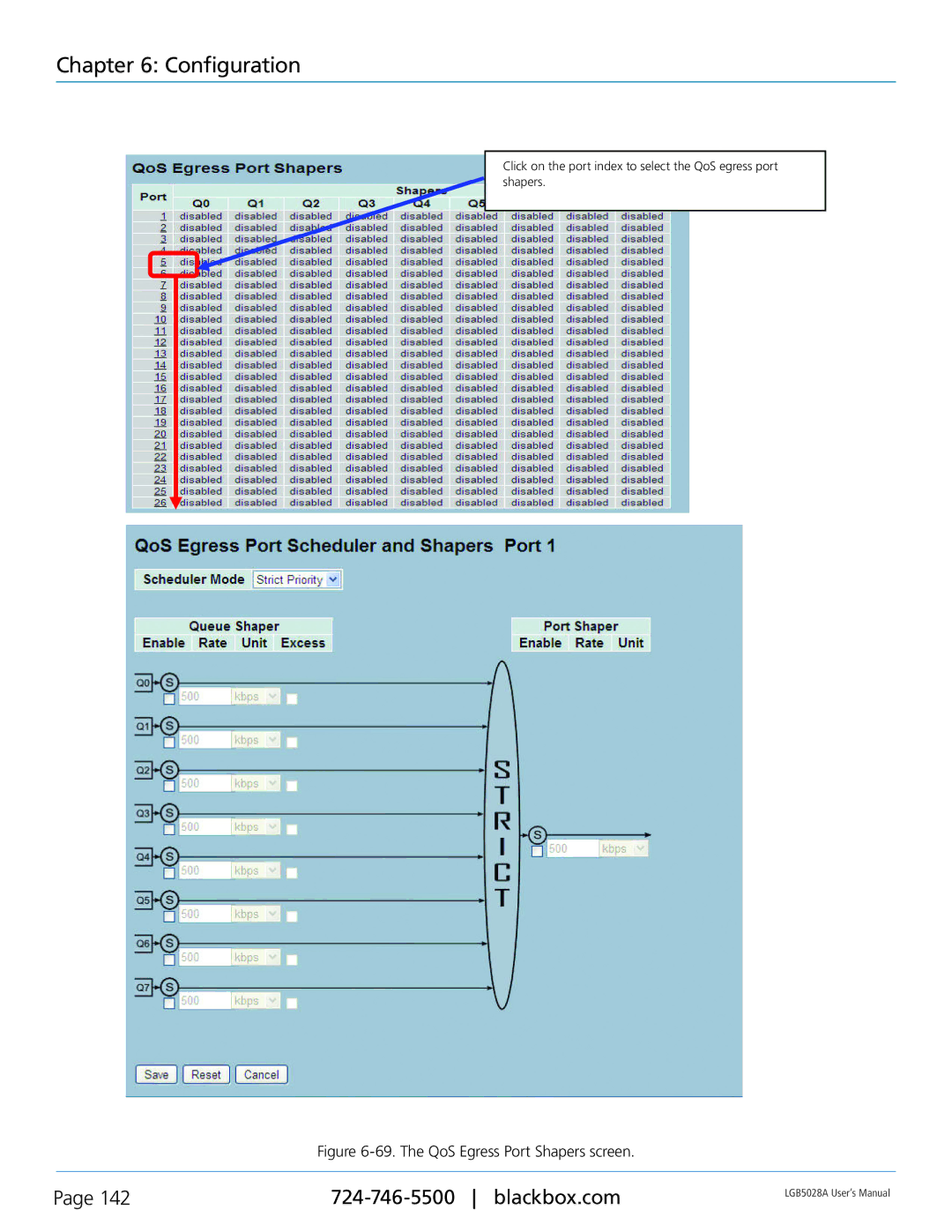 Black Box LGB5028A, LGB5052A, 24 + or 48 + 4-Port Gigabit Managed Switch with SFP+ 10G The QoS Egress Port Shapers screen 