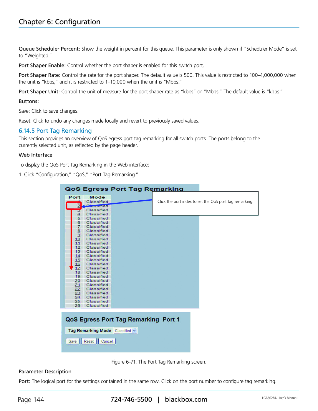 Black Box LGB5052A, LGB5028A, 24 + or 48 + 4-Port Gigabit Managed Switch with SFP+ 10G user manual Port Tag Remarking 