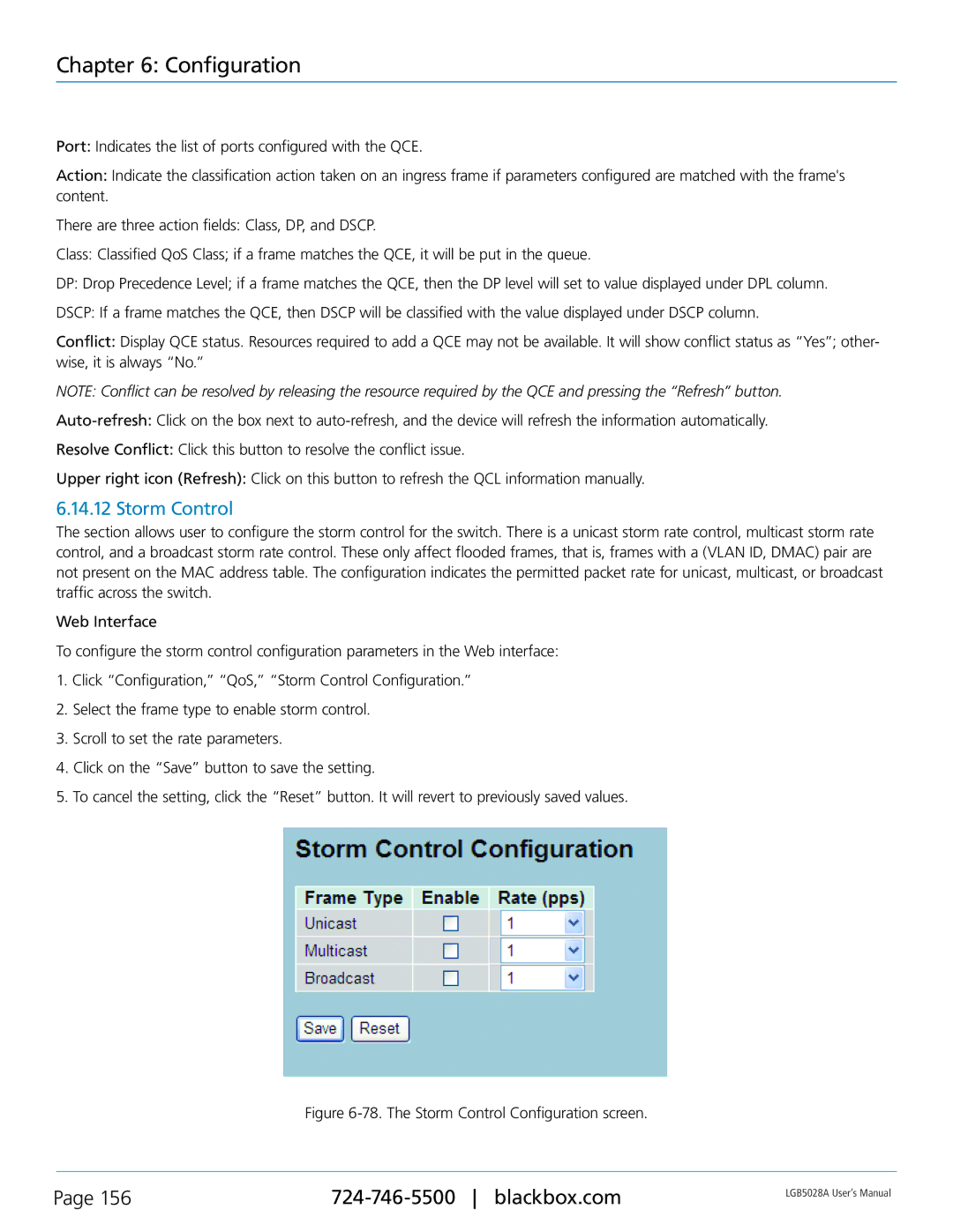 Black Box LGB5052A, LGB5028A user manual The Storm Control Configuration screen 