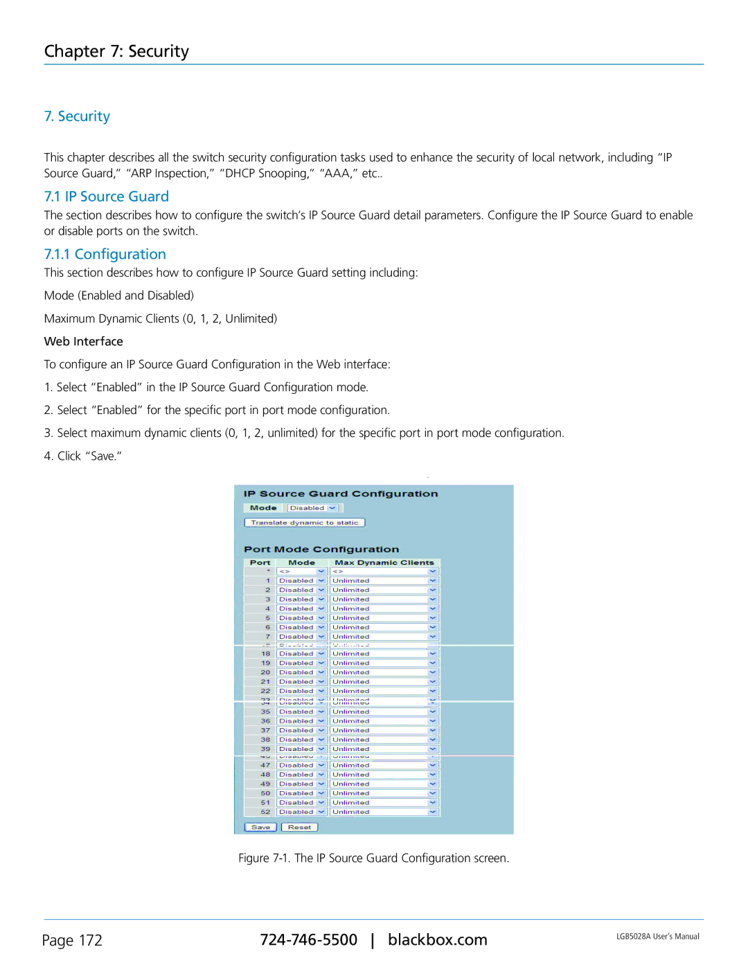Black Box LGB5028A, LGB5052A, 24 + or 48 + 4-Port Gigabit Managed Switch with SFP+ 10G user manual Security, IP Source Guard 