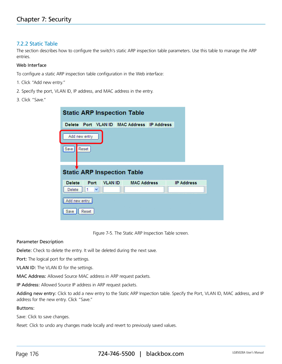 Black Box 24 + or 48 + 4-Port Gigabit Managed Switch with SFP+ 10G, LGB5052A, LGB5028A user manual Static Table 