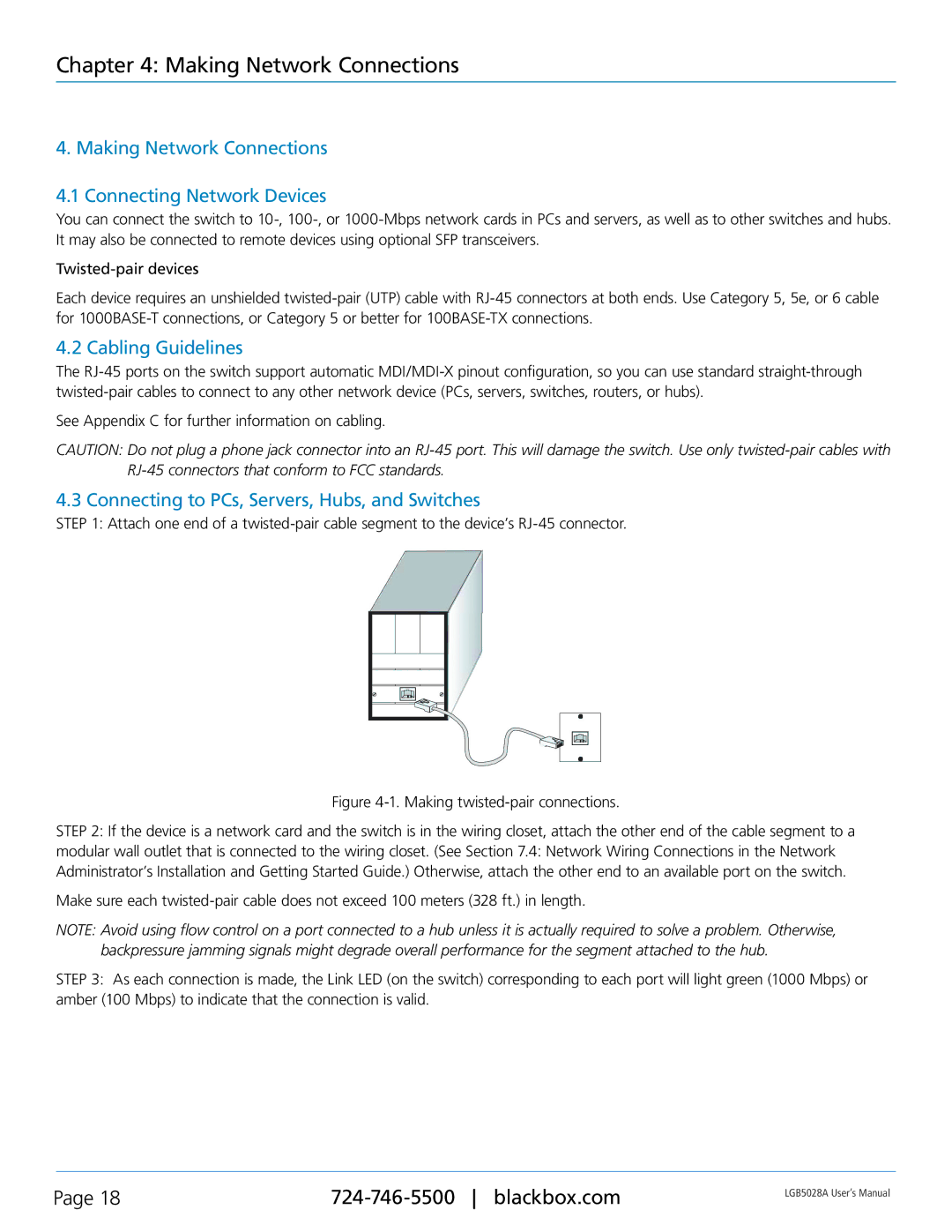 Black Box LGB5052A, LGB5028A user manual Making Network Connections Connecting Network Devices, Cabling Guidelines 