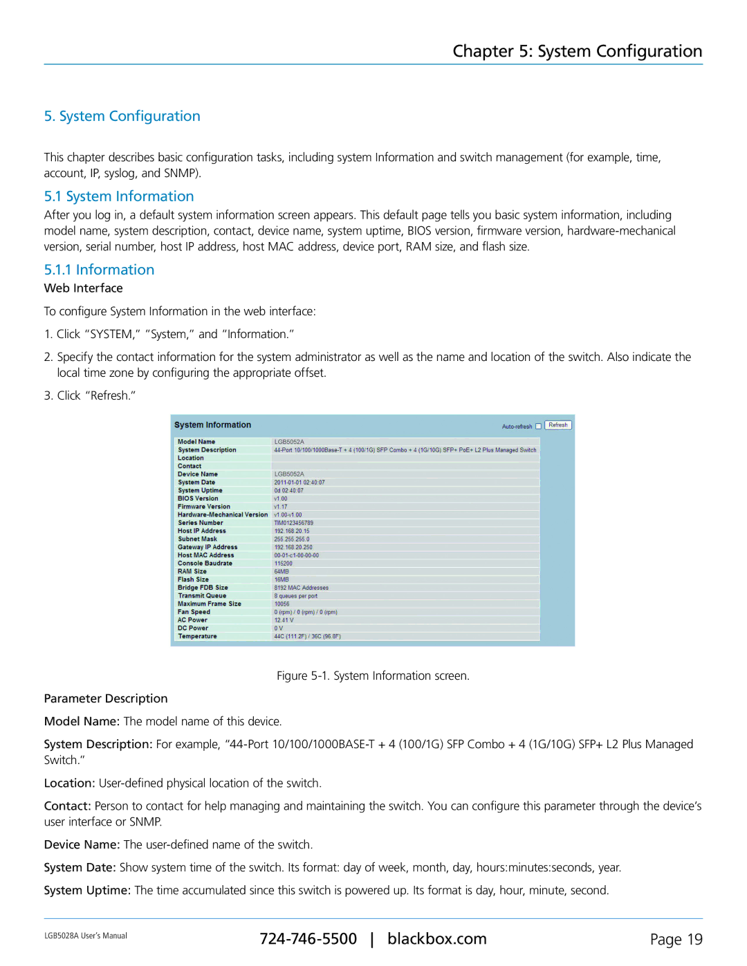 Black Box LGB5028A, LGB5052A user manual System Configuration, System Information 