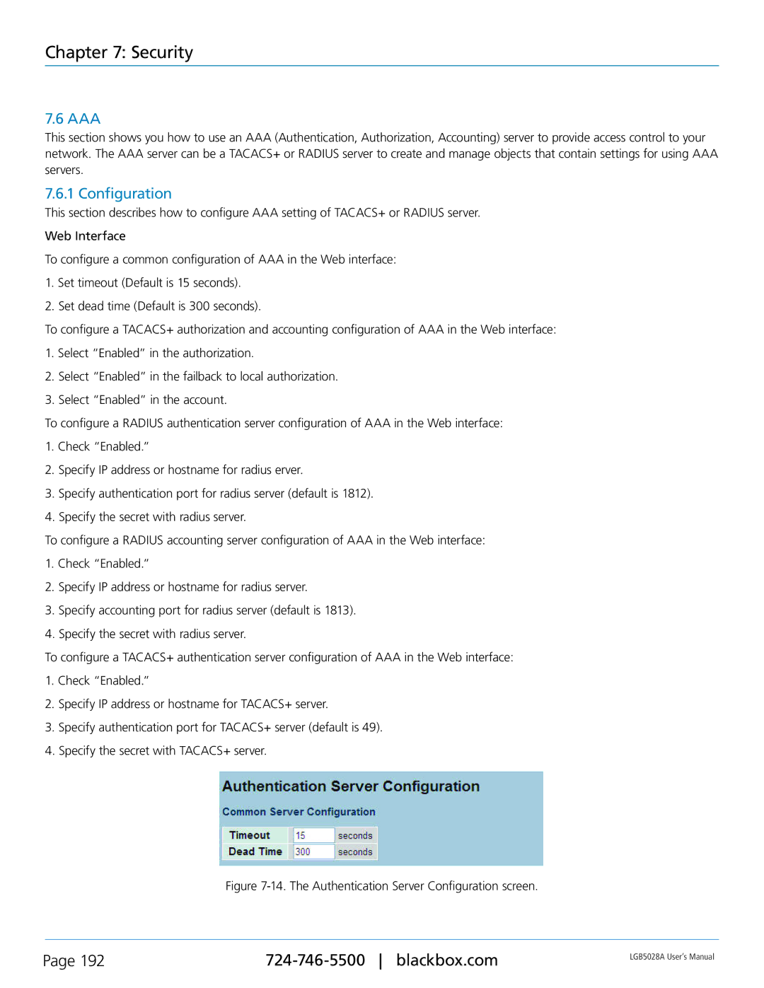 Black Box LGB5052A, LGB5028A user manual Aaa, The Authentication Server Configuration screen 