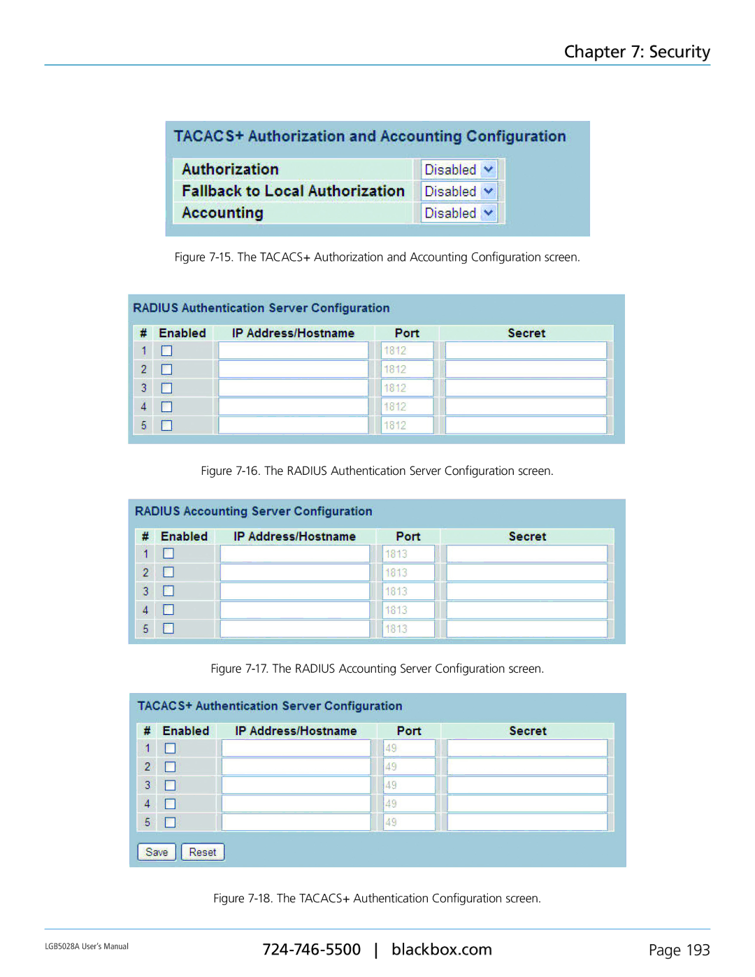 Black Box LGB5028A, LGB5052A user manual The Radius Authentication Server Configuration screen 