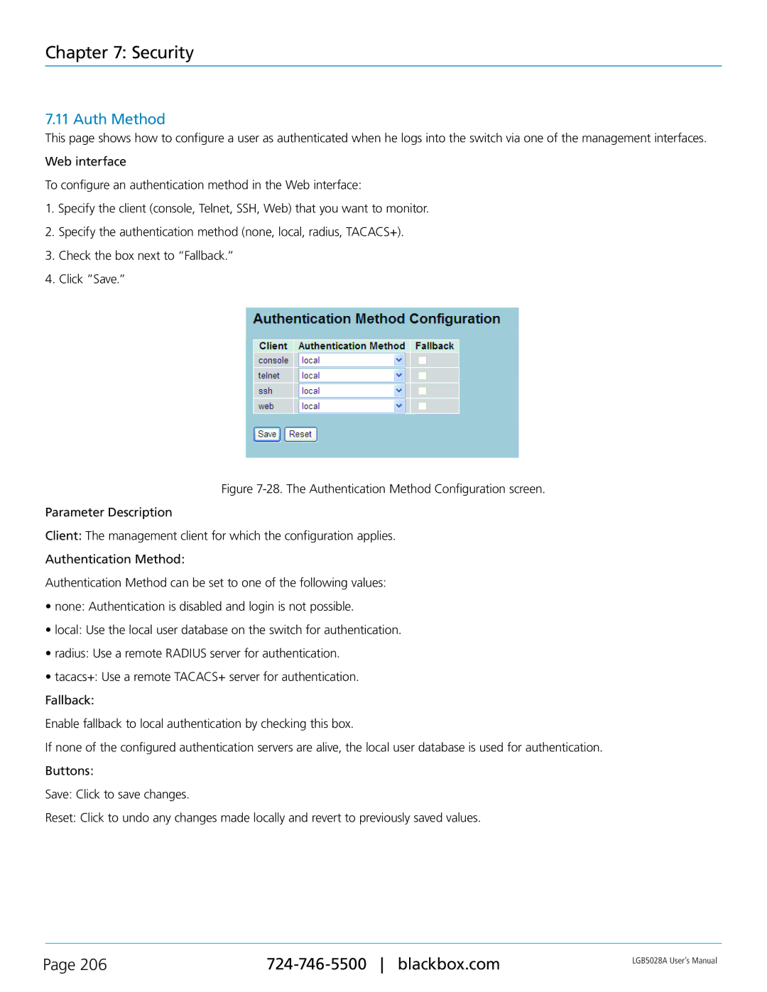 Black Box 24 + or 48 + 4-Port Gigabit Managed Switch with SFP+ 10G, LGB5052A, LGB5028A user manual Auth Method 