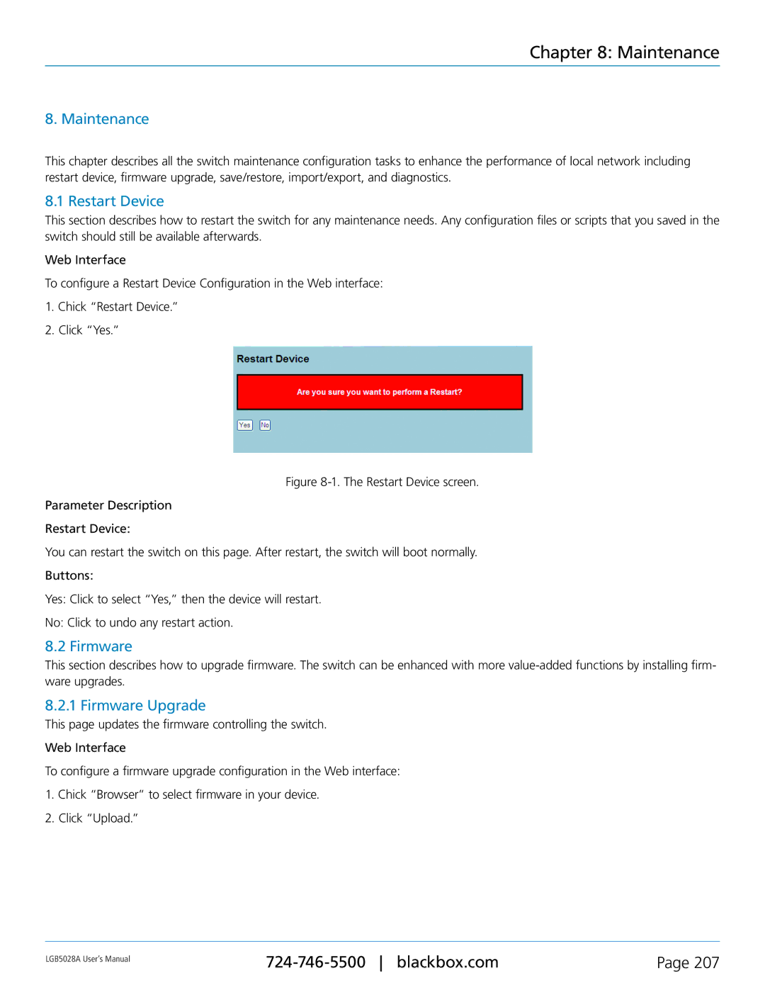 Black Box LGB5052A, LGB5028A user manual Maintenance, Restart Device, Firmware Upgrade 