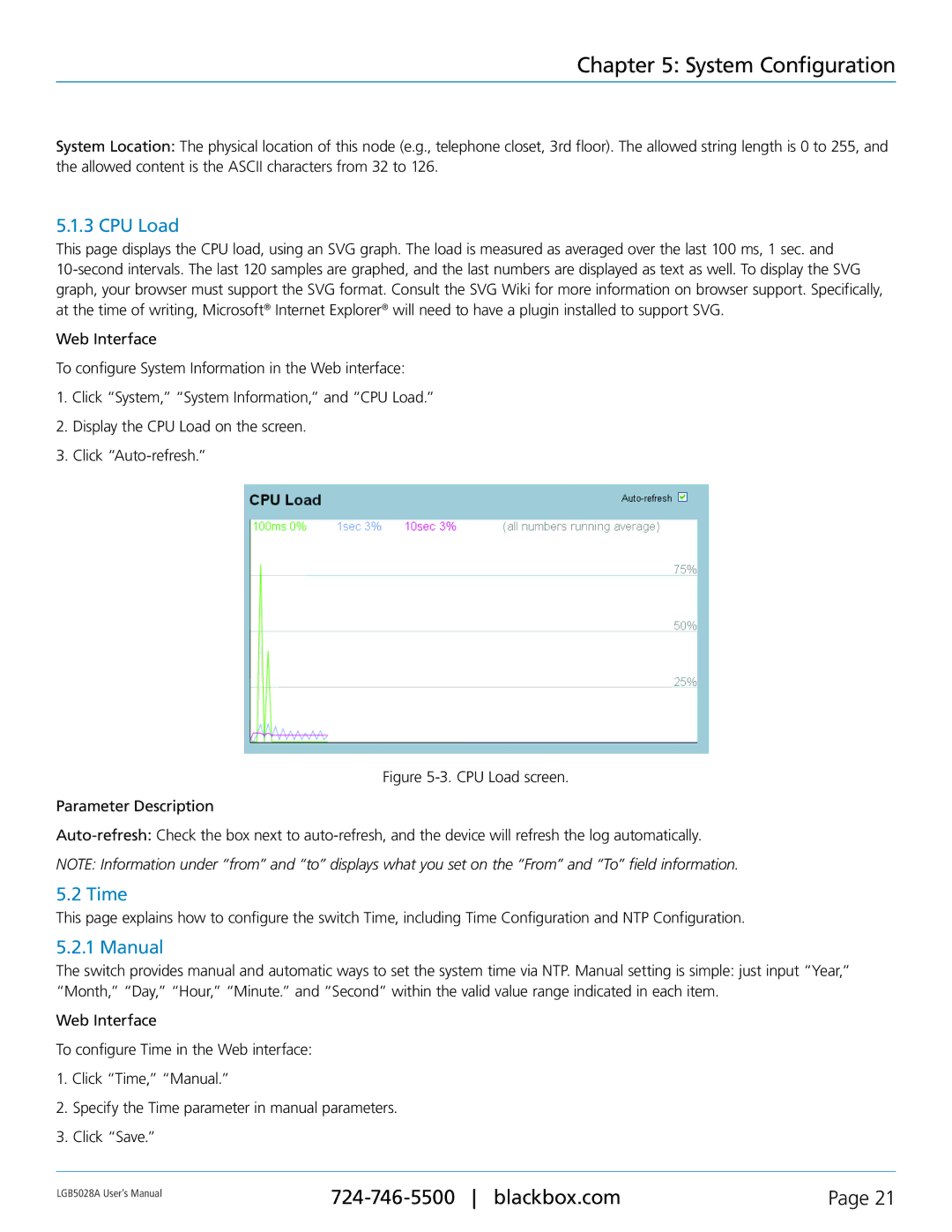 Black Box LGB5052A, LGB5028A, 24 + or 48 + 4-Port Gigabit Managed Switch with SFP+ 10G user manual CPU Load, Time, Manual 