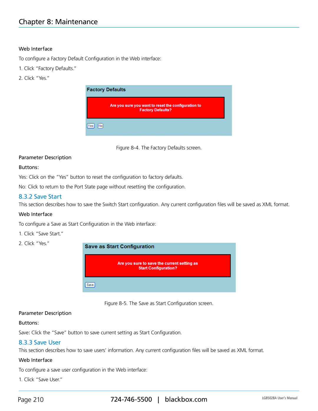 Black Box LGB5052A, LGB5028A, 24 + or 48 + 4-Port Gigabit Managed Switch with SFP+ 10G user manual Save Start, Save User 