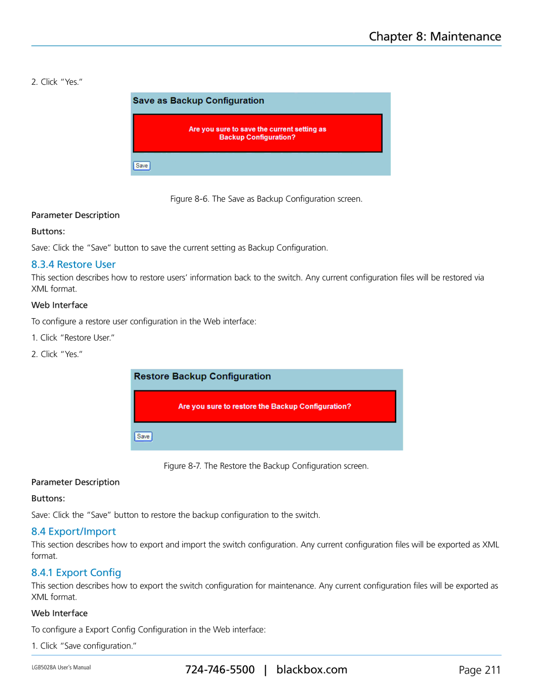 Black Box LGB5028A, LGB5052A user manual Restore User, Export/Import, Export Config 