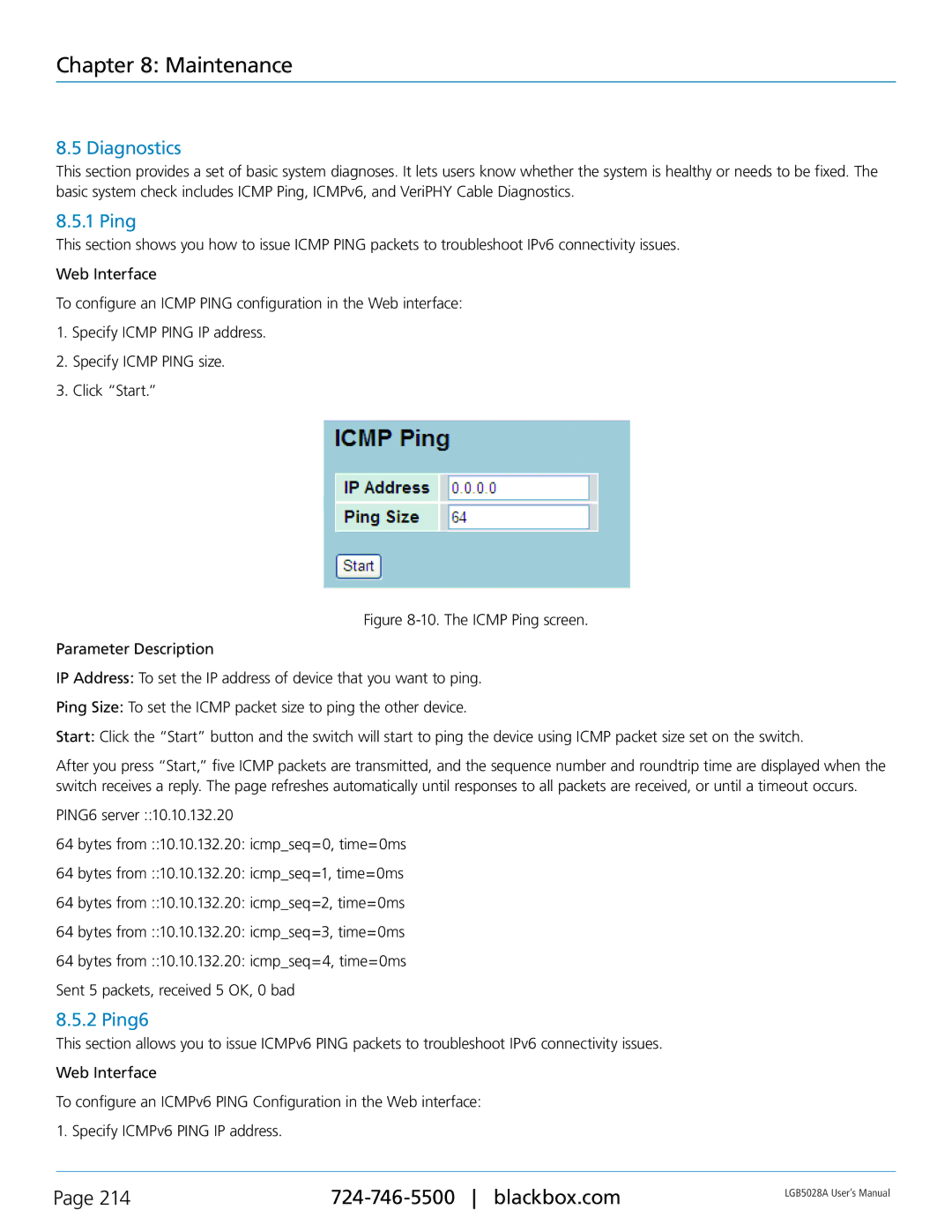 Black Box LGB5028A, LGB5052A, 24 + or 48 + 4-Port Gigabit Managed Switch with SFP+ 10G user manual Diagnostics, Ping6 