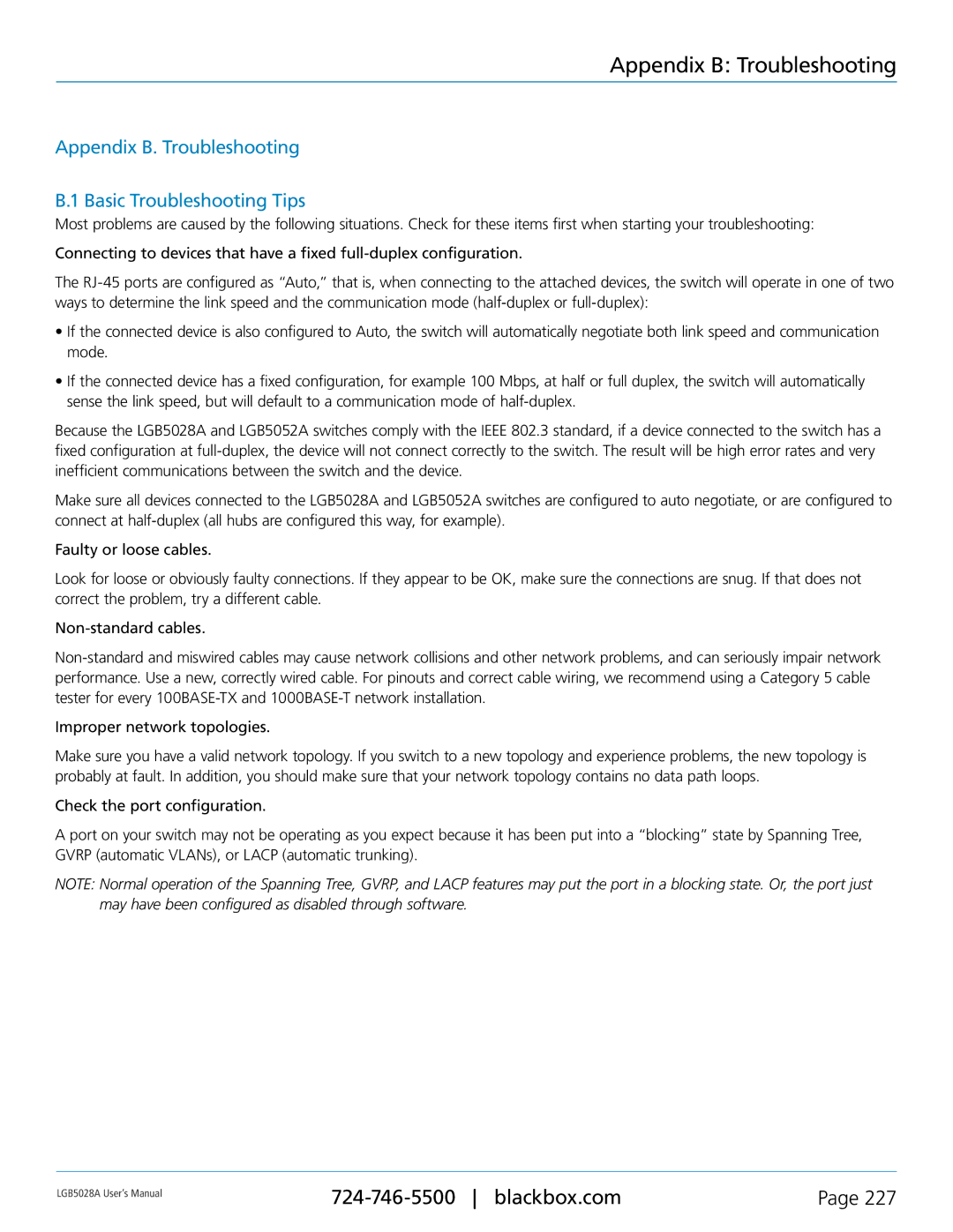 Black Box 24 + or 48 + 4-Port Gigabit Managed Switch with SFP+ 10G, LGB5052A, LGB5028A user manual Appendix B Troubleshooting 