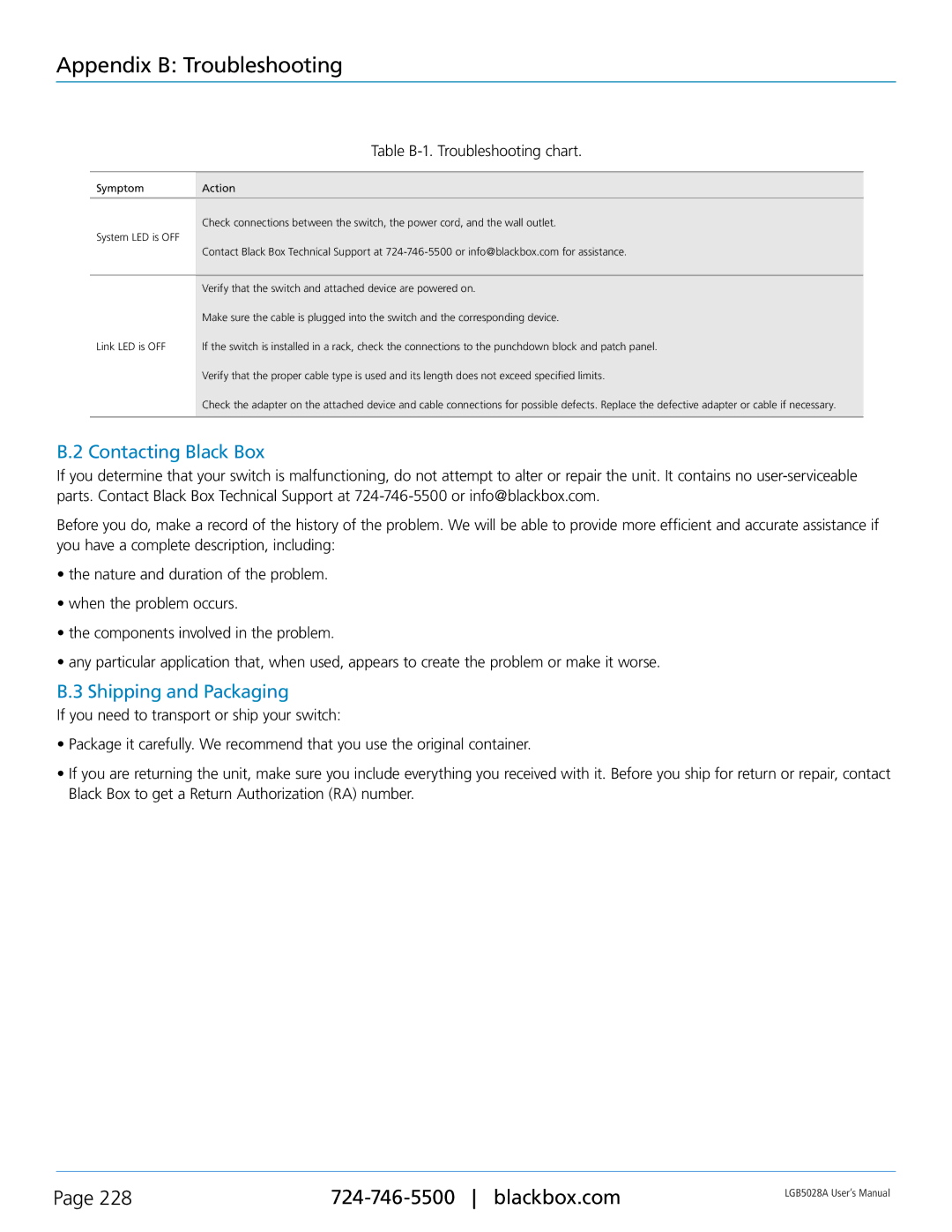 Black Box LGB5052A, LGB5028A user manual Contacting Black Box, Shipping and Packaging 