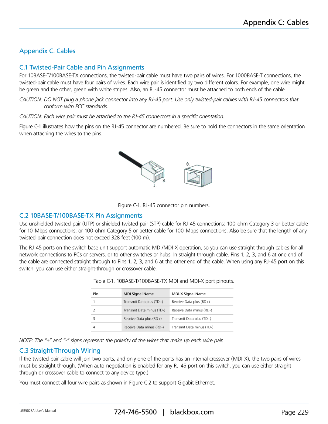 Black Box LGB5028A Appendix C Cables, Appendix C. Cables Twisted-Pair Cable and Pin Assignments, Straight-Through Wiring 