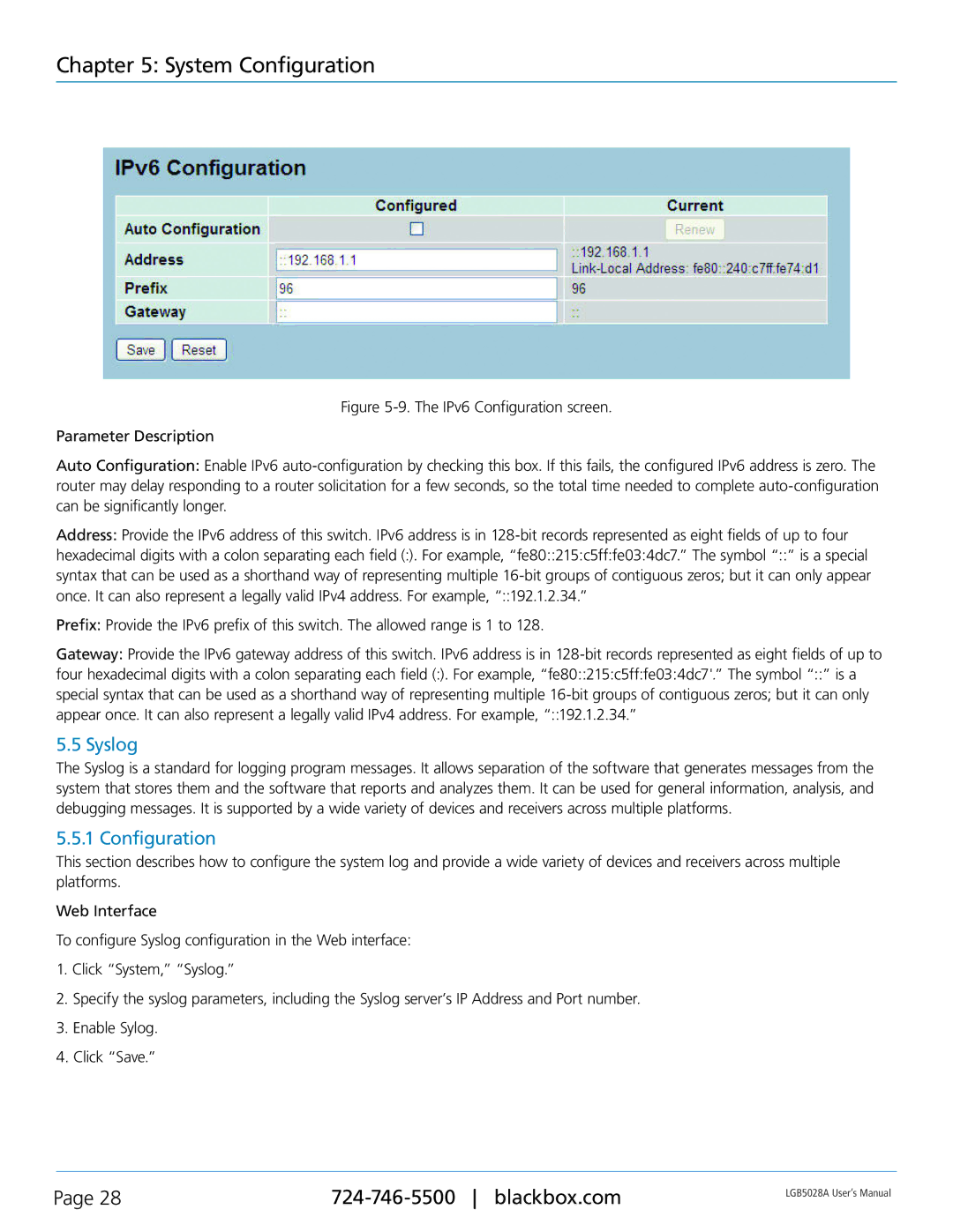 Black Box LGB5028A, LGB5052A, 24 + or 48 + 4-Port Gigabit Managed Switch with SFP+ 10G user manual Syslog, Configuration 