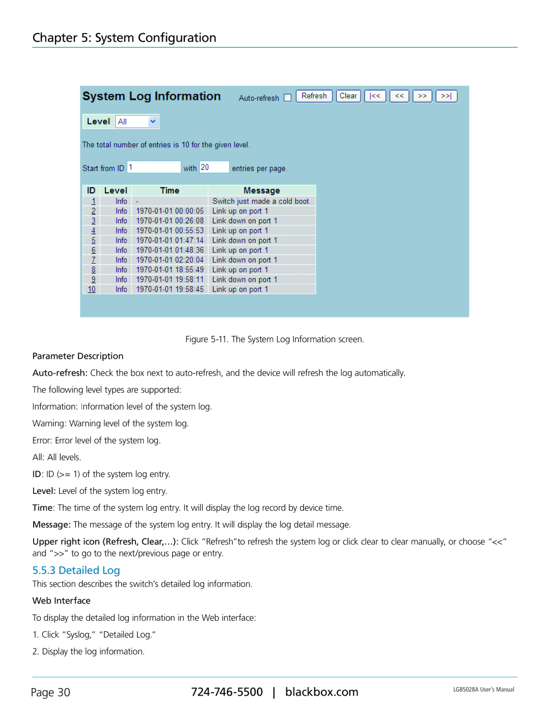 Black Box LGB5052A, LGB5028A, 24 + or 48 + 4-Port Gigabit Managed Switch with SFP+ 10G user manual Detailed Log 