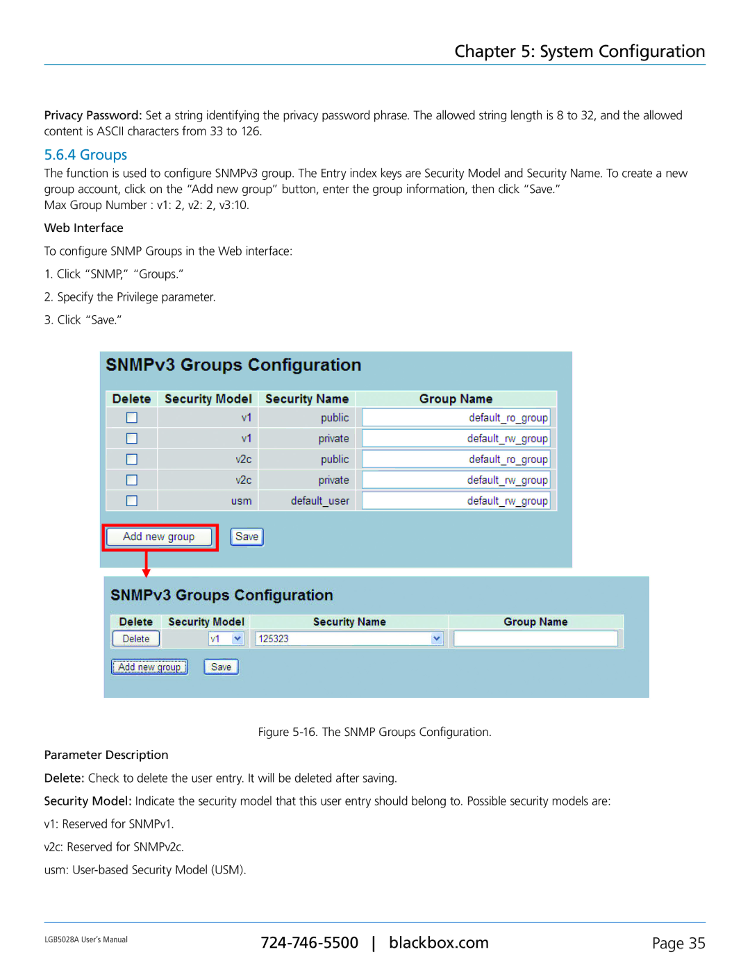 Black Box 24 + or 48 + 4-Port Gigabit Managed Switch with SFP+ 10G, LGB5052A, LGB5028A user manual Groups 