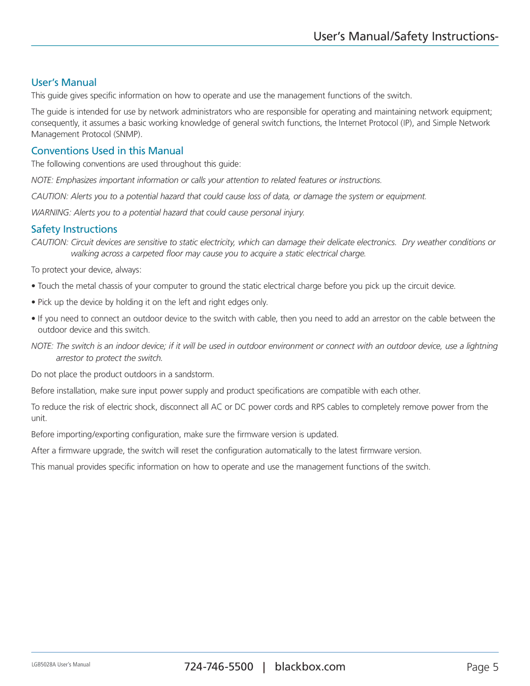 Black Box 24 + or 48 + 4-Port Gigabit Managed Switch with SFP+ 10G, LGB5052A, LGB5028A User’s Manual/Safety Instructions 