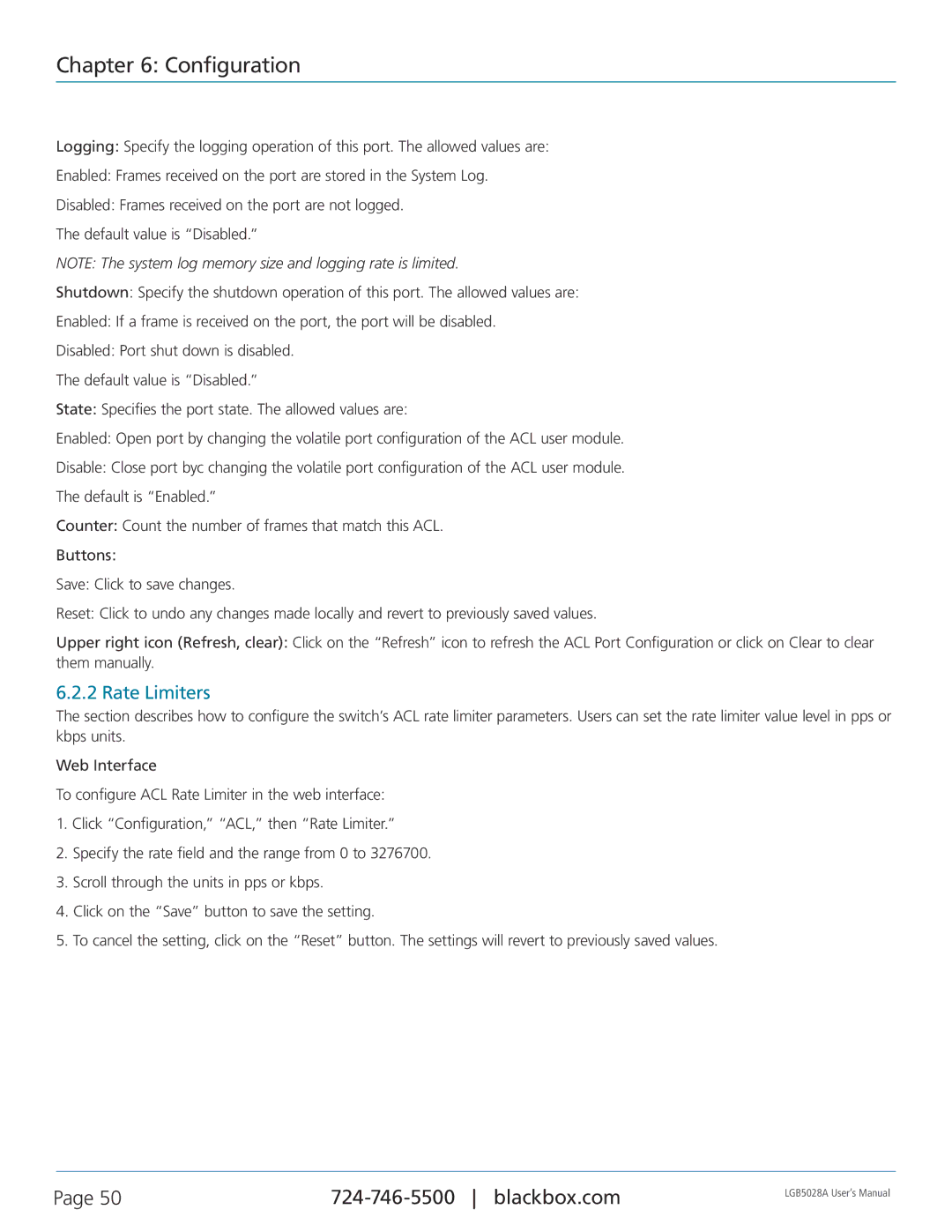 Black Box 24 + or 48 + 4-Port Gigabit Managed Switch with SFP+ 10G, LGB5052A, LGB5028A user manual Rate Limiters 