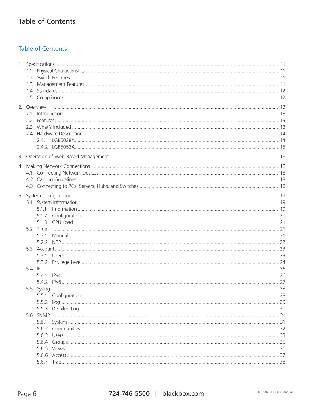 Black Box LGB5052A, LGB5028A, 24 + or 48 + 4-Port Gigabit Managed Switch with SFP+ 10G user manual Table of Contents 