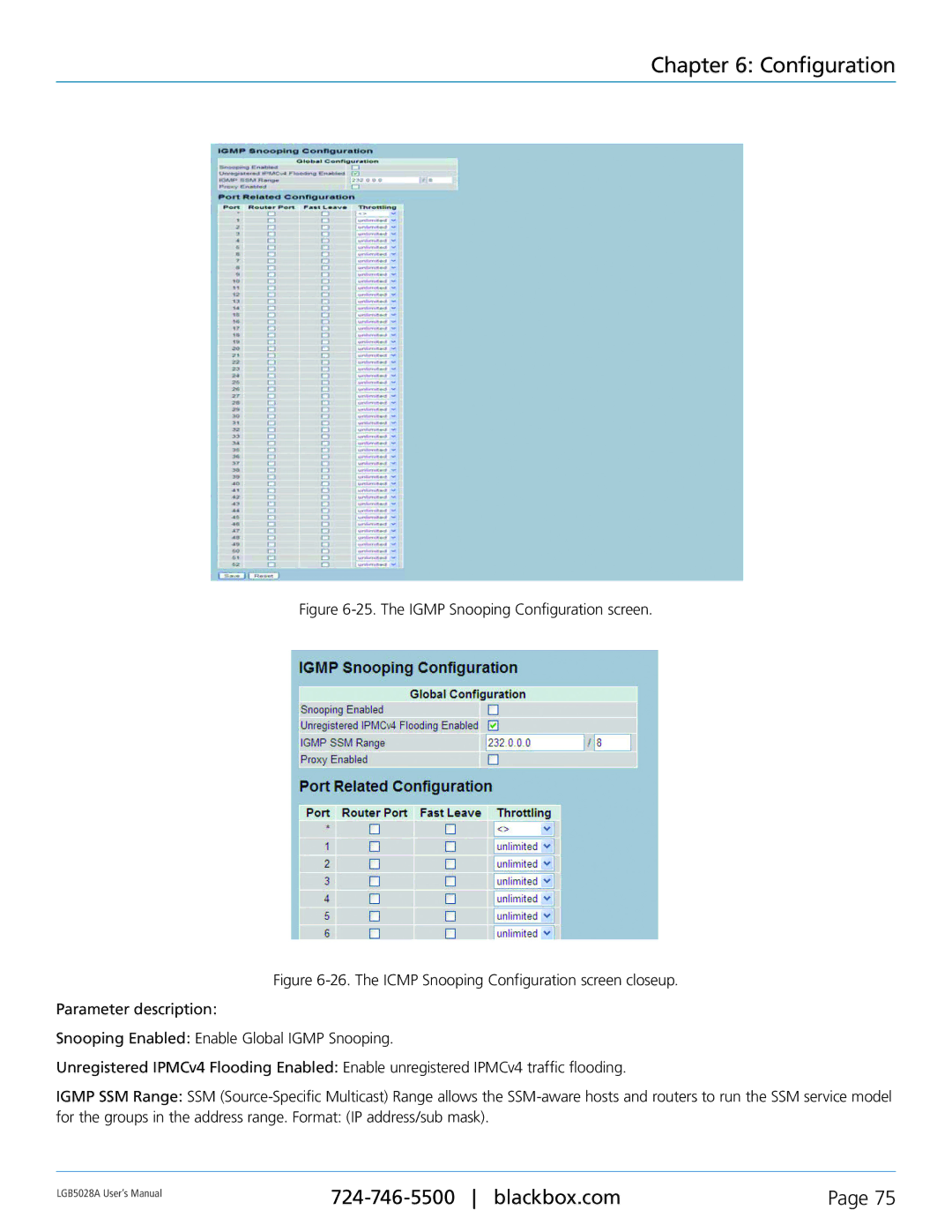 Black Box LGB5052A, LGB5028A user manual The Igmp Snooping Configuration screen 