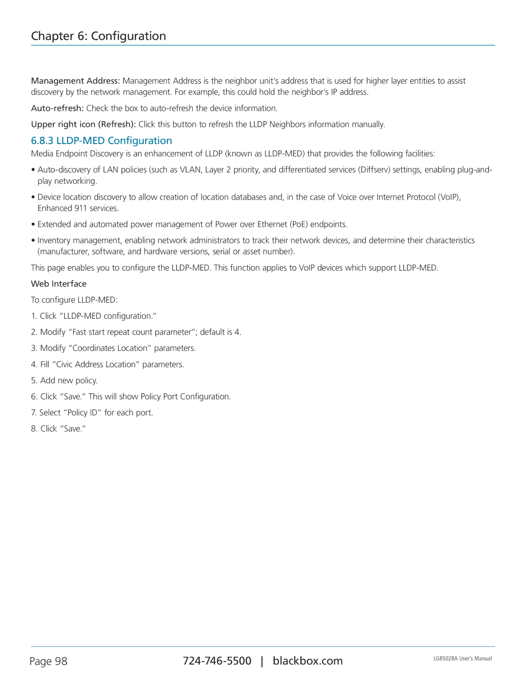 Black Box 24 + or 48 + 4-Port Gigabit Managed Switch with SFP+ 10G, LGB5052A, LGB5028A user manual LLDP-MED Configuration 