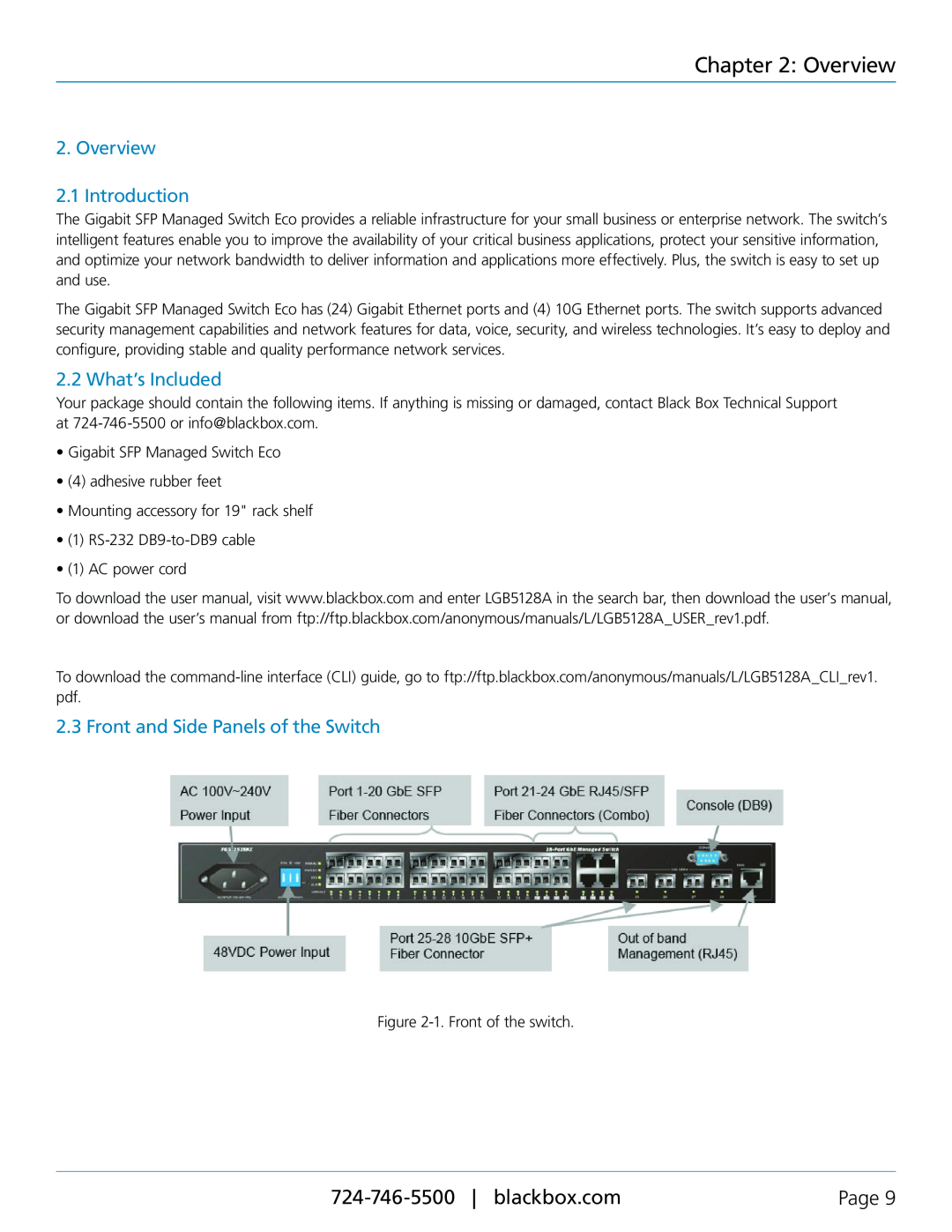 Black Box Black Box SFP Managed Switch Eco, LGB5128A Overview 2.1 Introduction, What’s Included, blackbox.com, Page 