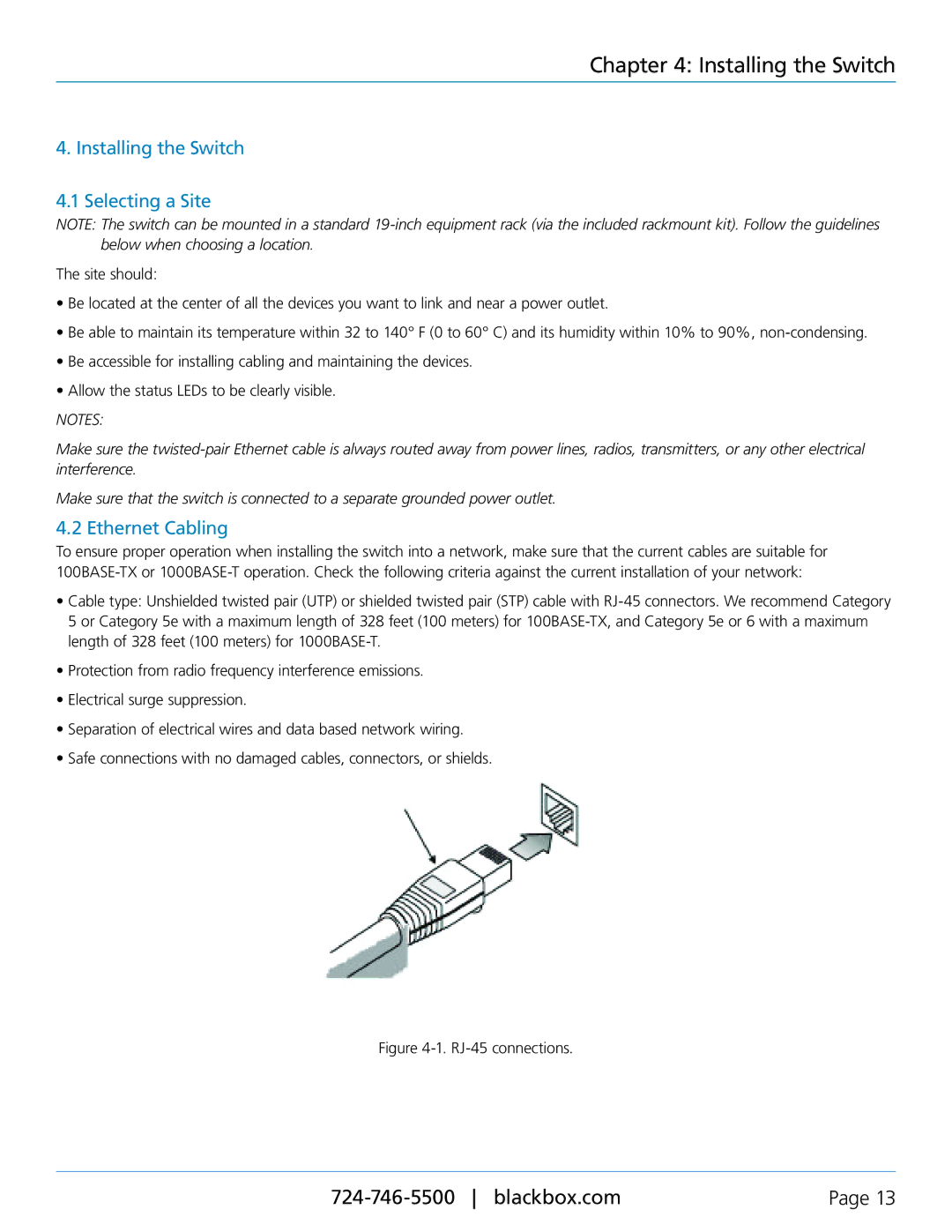 Black Box Black Box SFP Managed Switch Eco, LGB5128A Installing the Switch Selecting a Site, Ethernet Cabling 